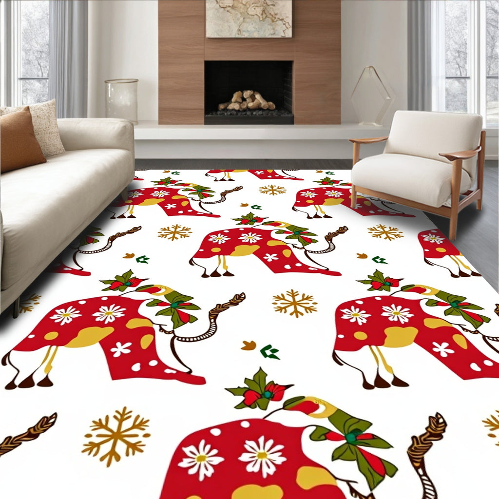 Red Floral Cow Snowflakes Holiday Rug