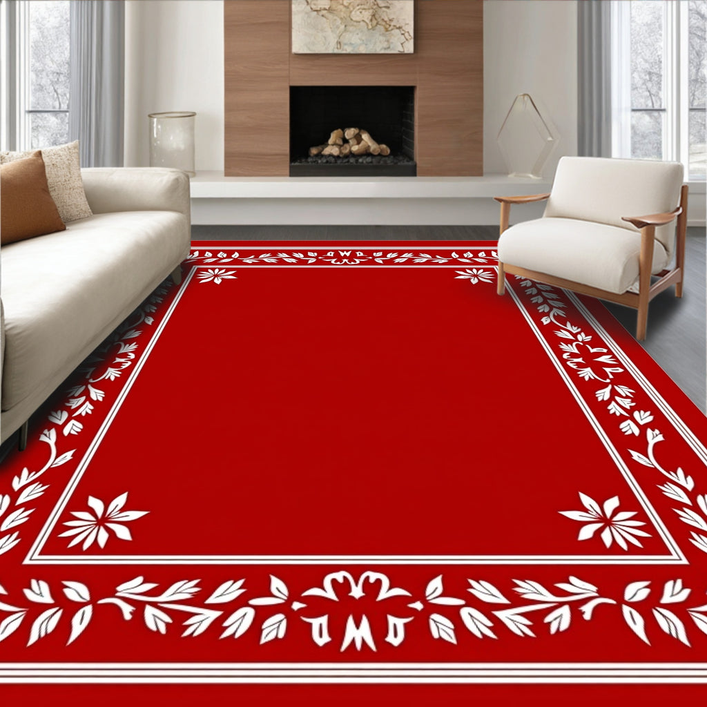 Crimson White Floral Border Rug