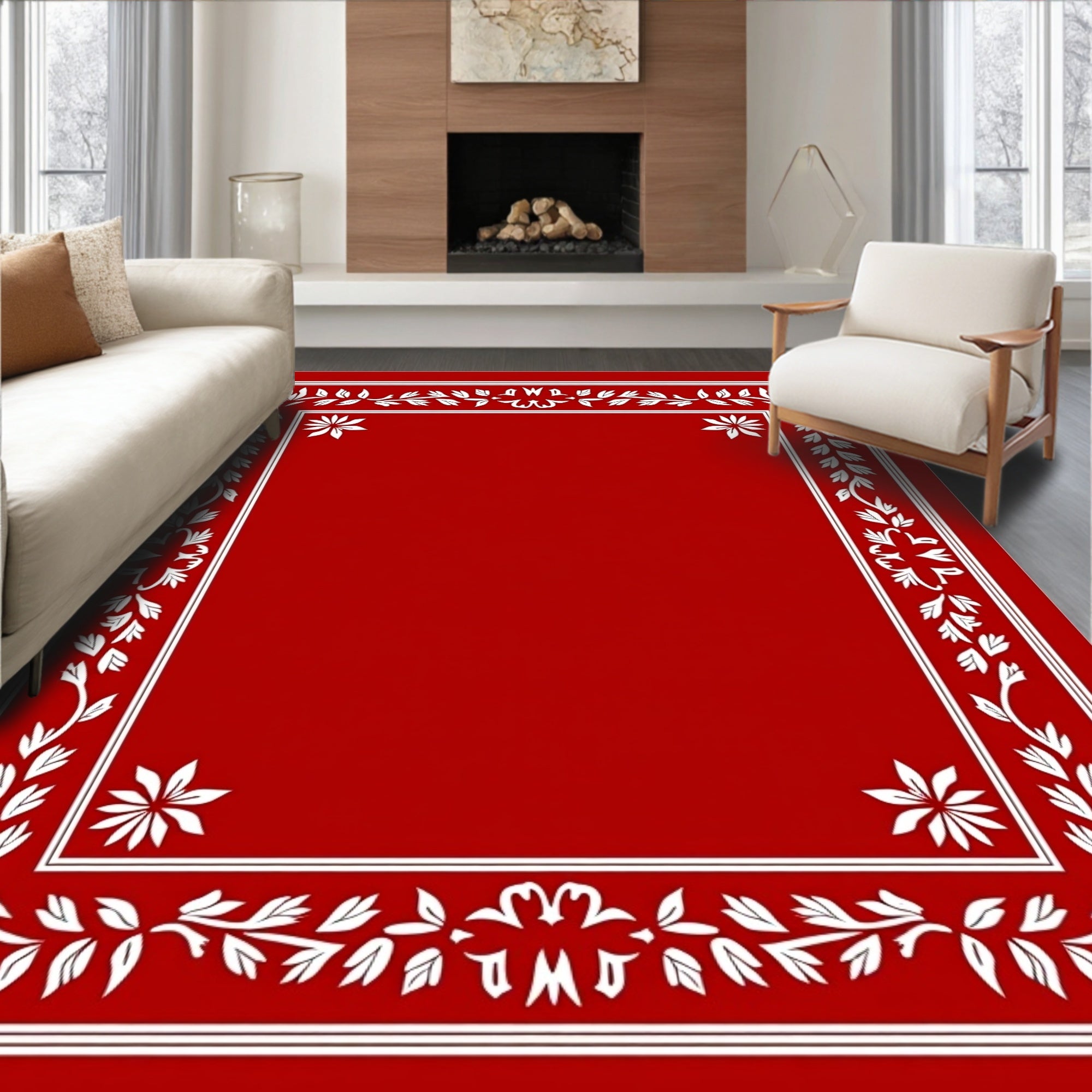 Crimson White Floral Border Rug