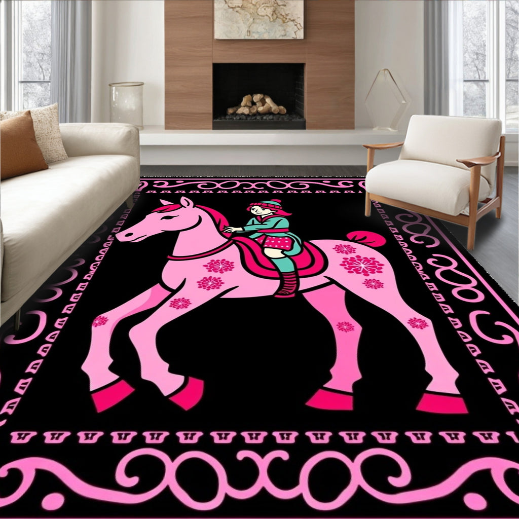 Pink Horse Rider Folk Art Rug