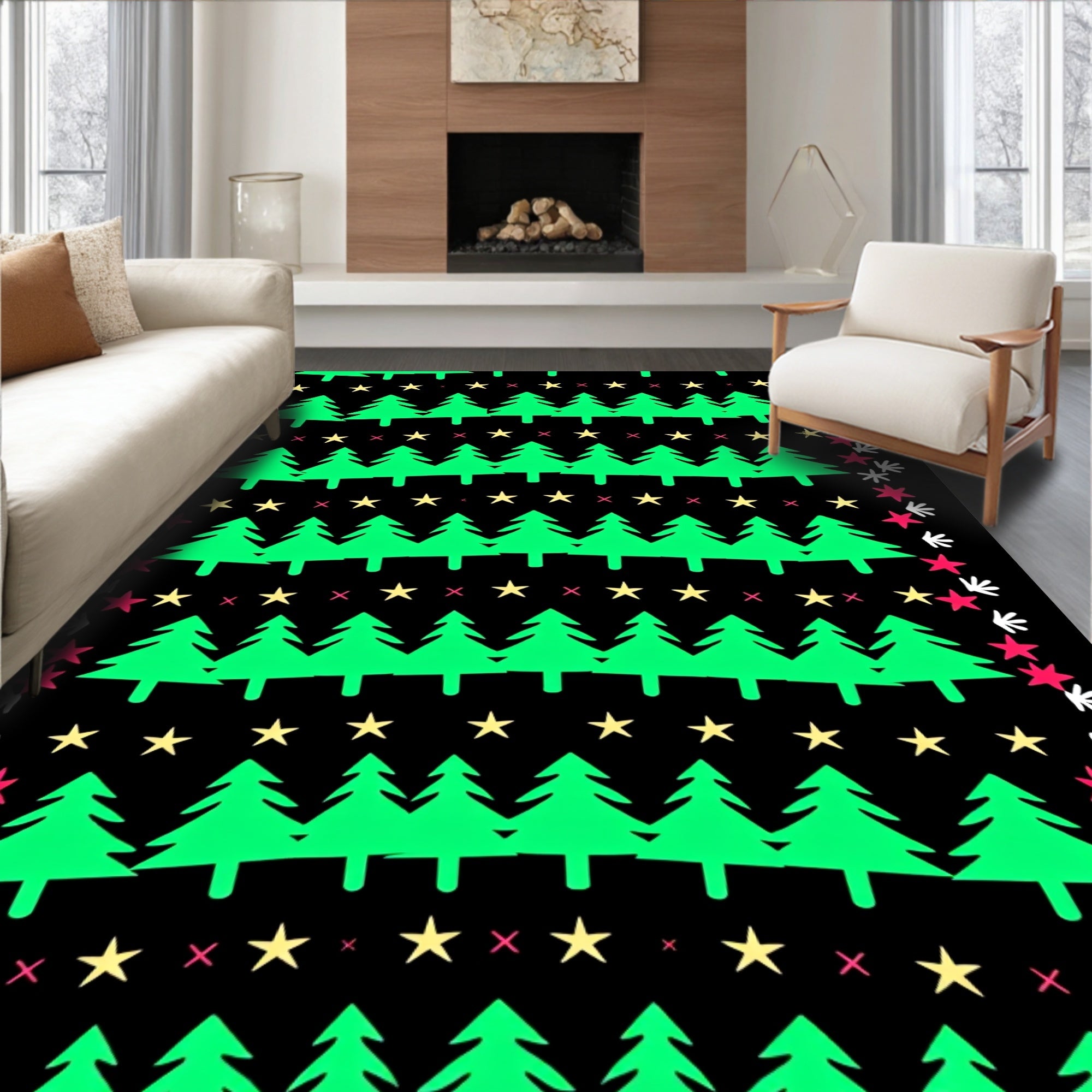Festive Green Christmas Tree Starry Night Rug