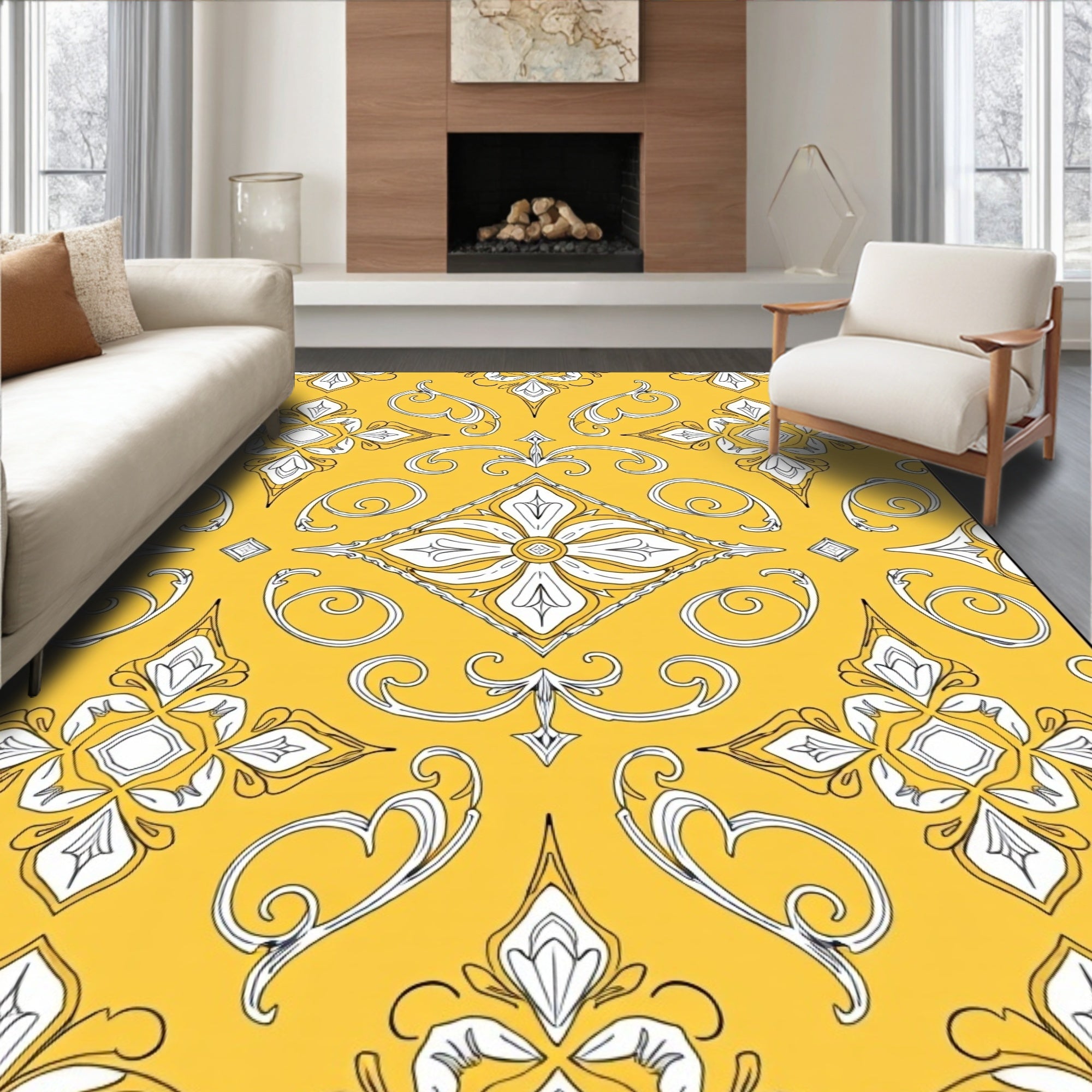 Golden Yellow Floral Scroll Medallion Rug