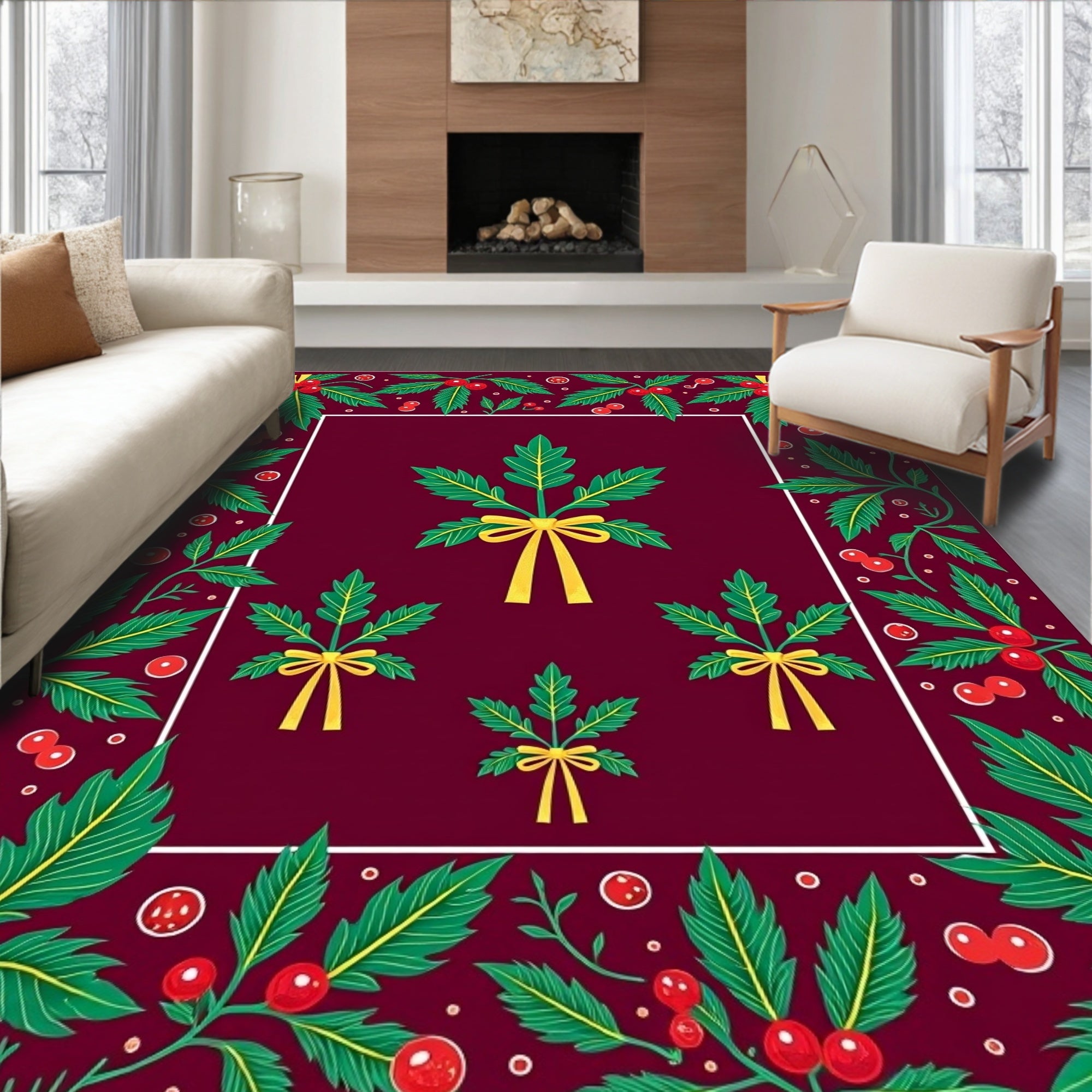 Whimsical Green Holly Berry Ribbon Rug