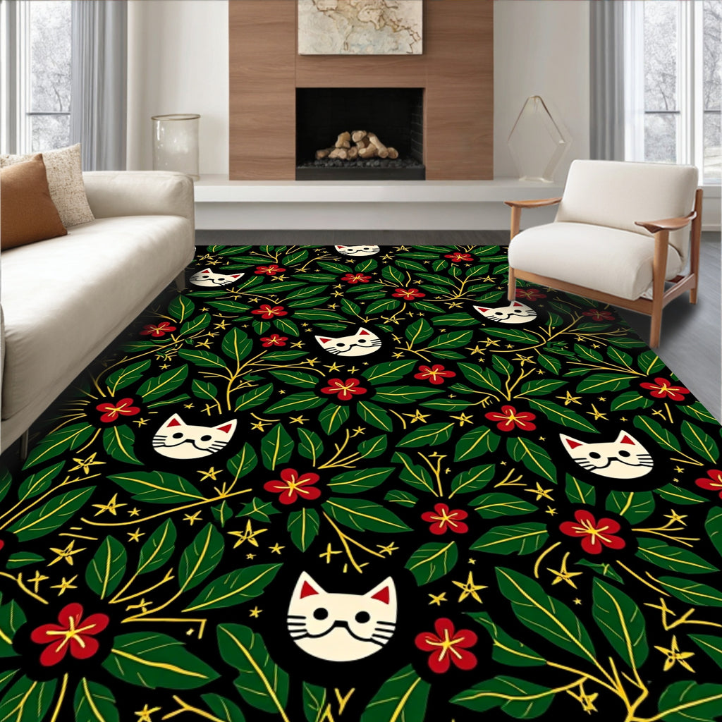 Whimsical White Cat Floral Botanical Rug