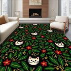 Whimsical White Cat Floral Botanical Rug