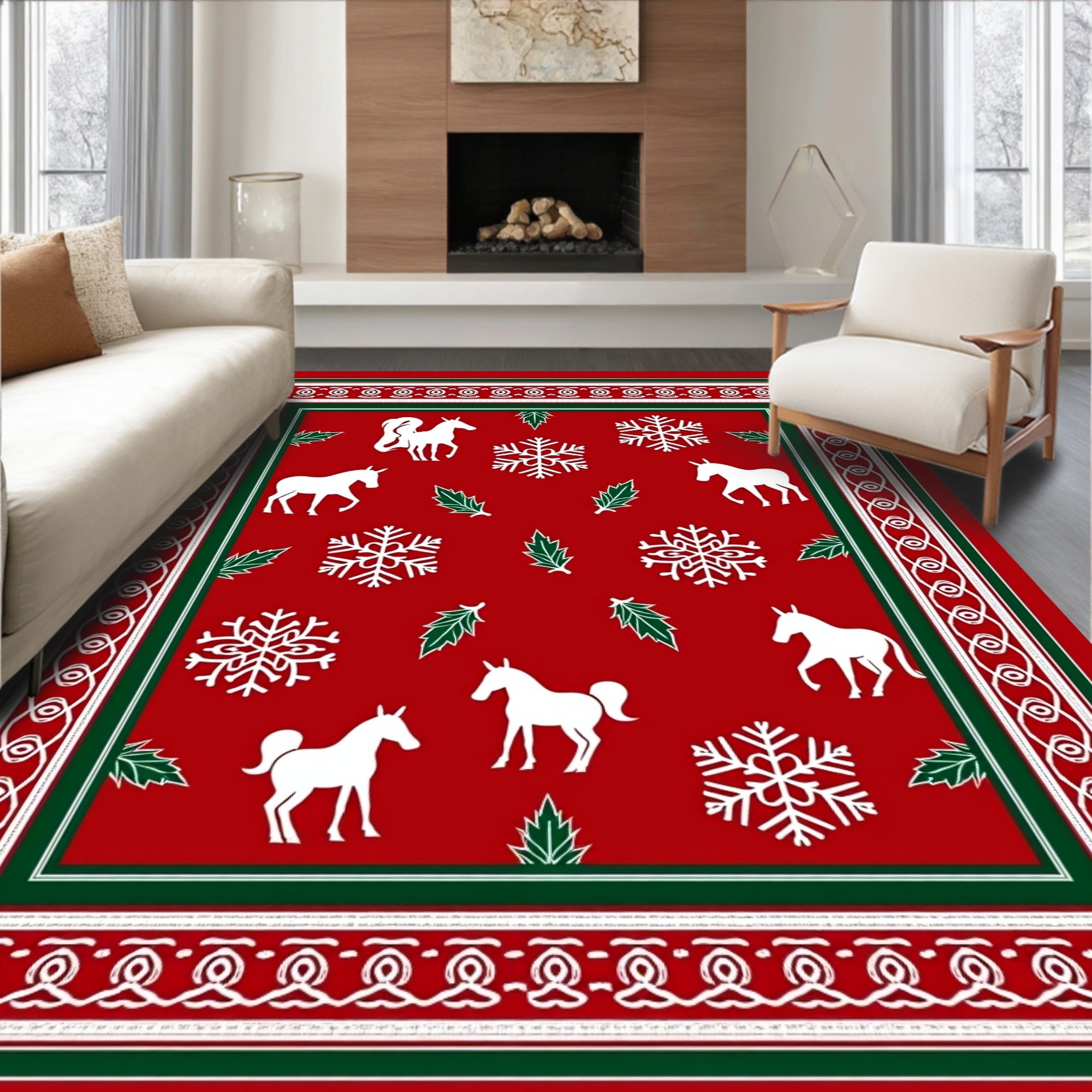 Red White Snowflake Horse Border Rug