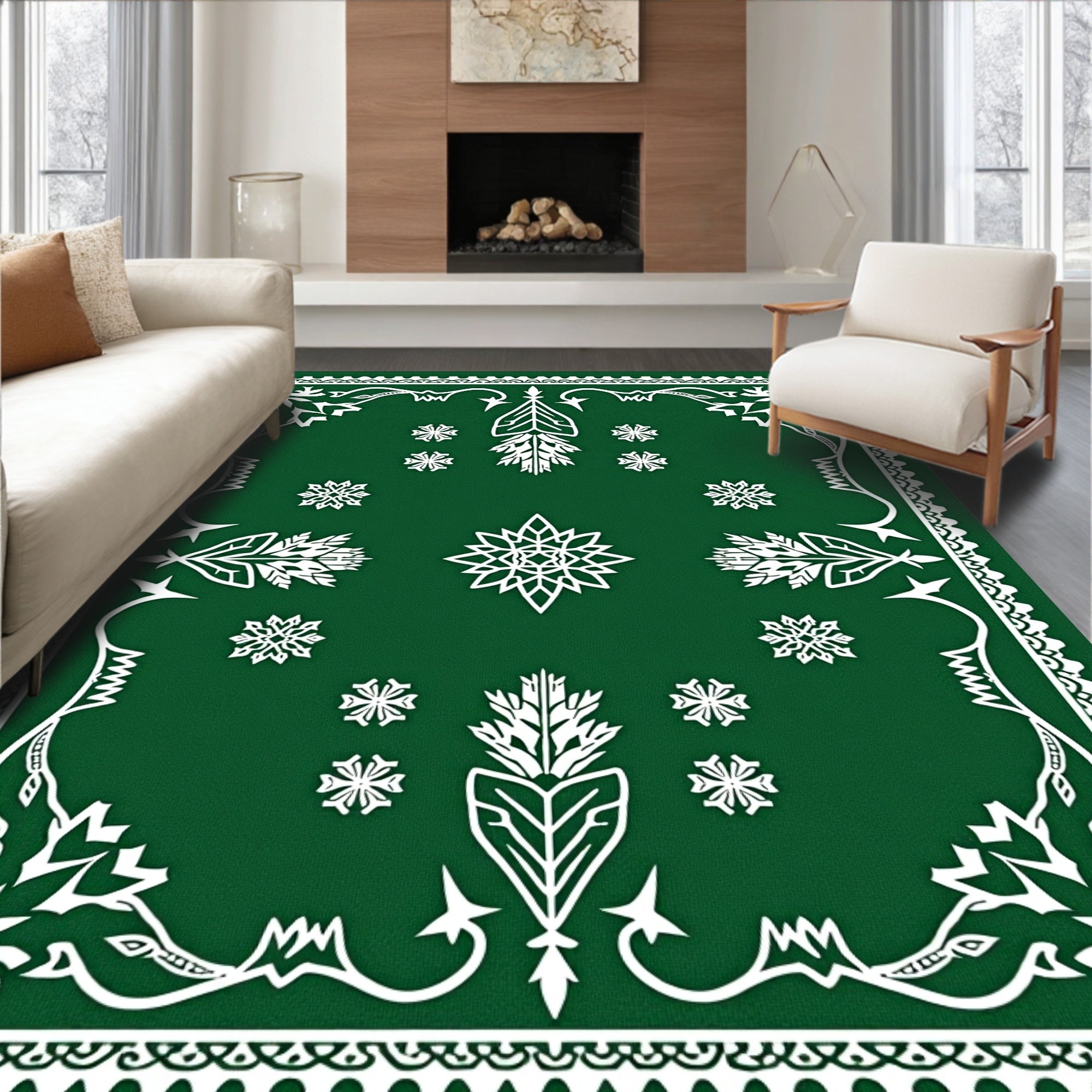 Emerald Snowflakes In Ornate Border Rug