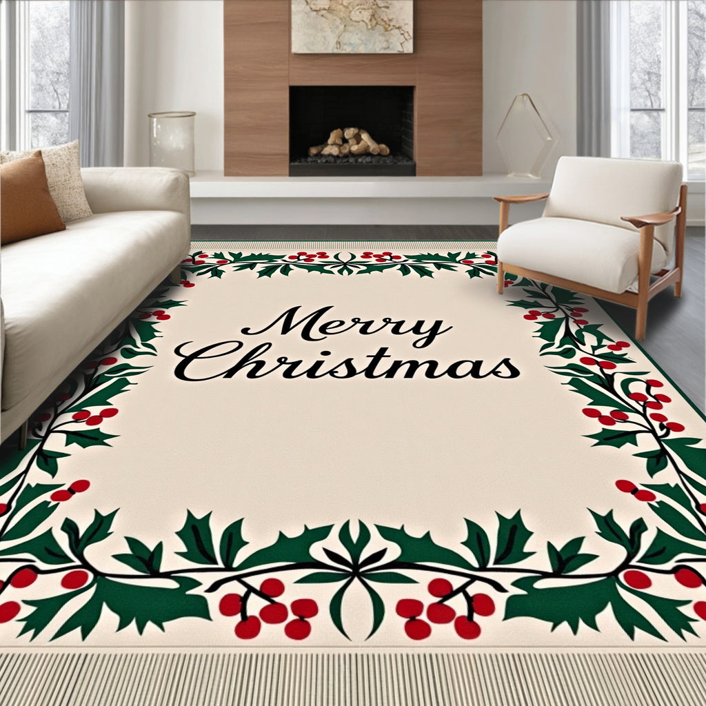 Festive Holly Border Cream Rug