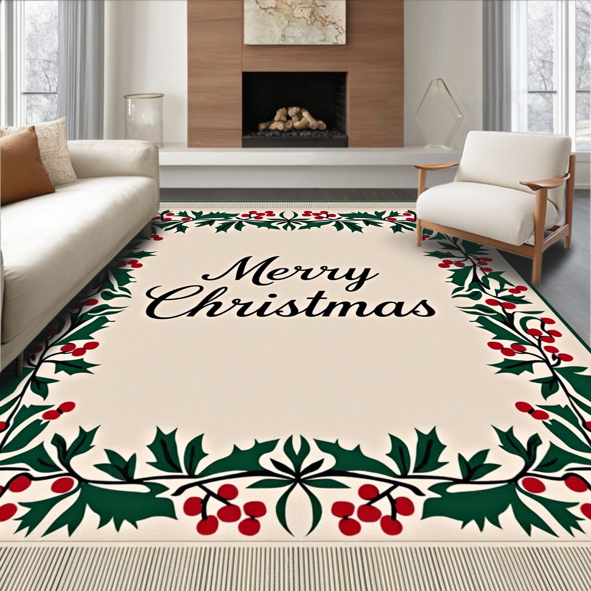 Festive Holly Border Cream Rug