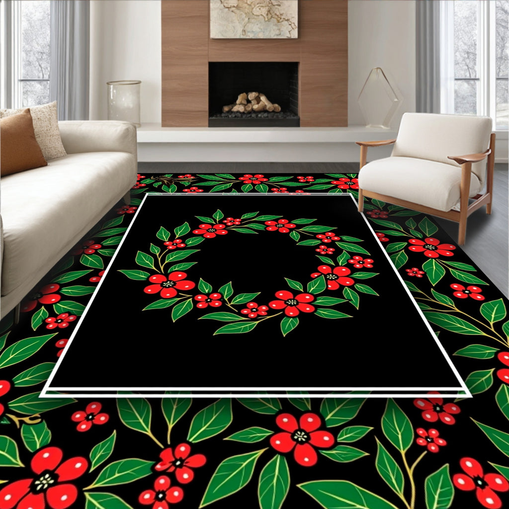 Red Floral Vines Black Garden Rug