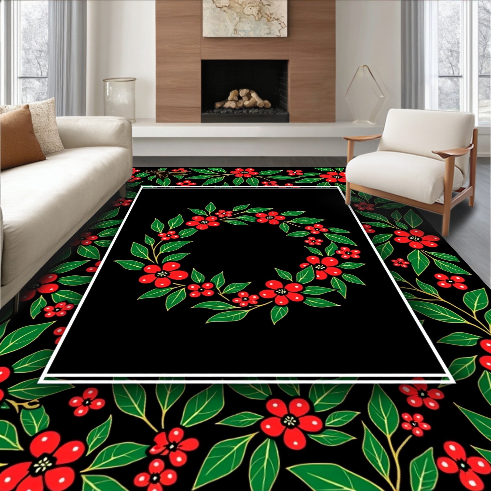 Red Floral Vines Black Garden Rug