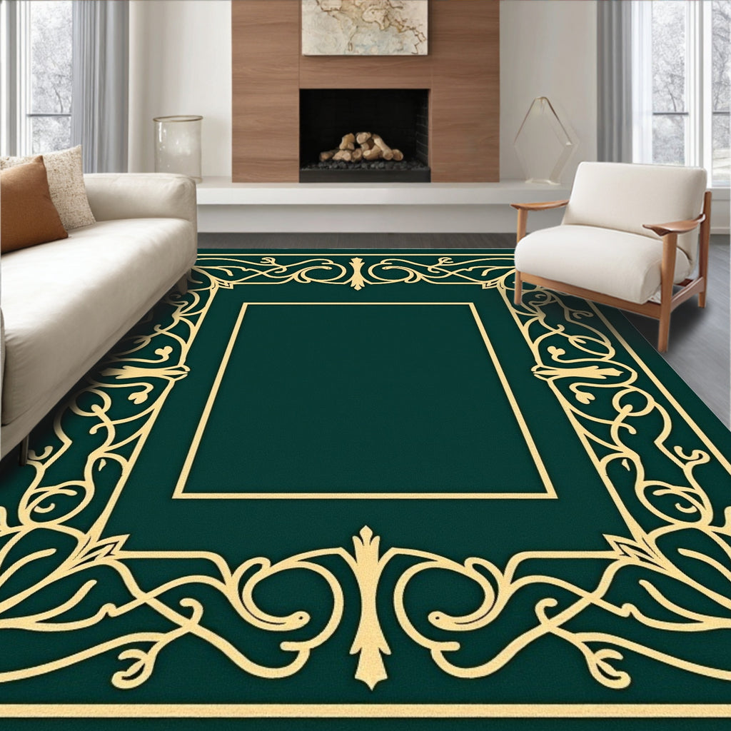 Emerald Gold Filigree Scroll Frame Rug
