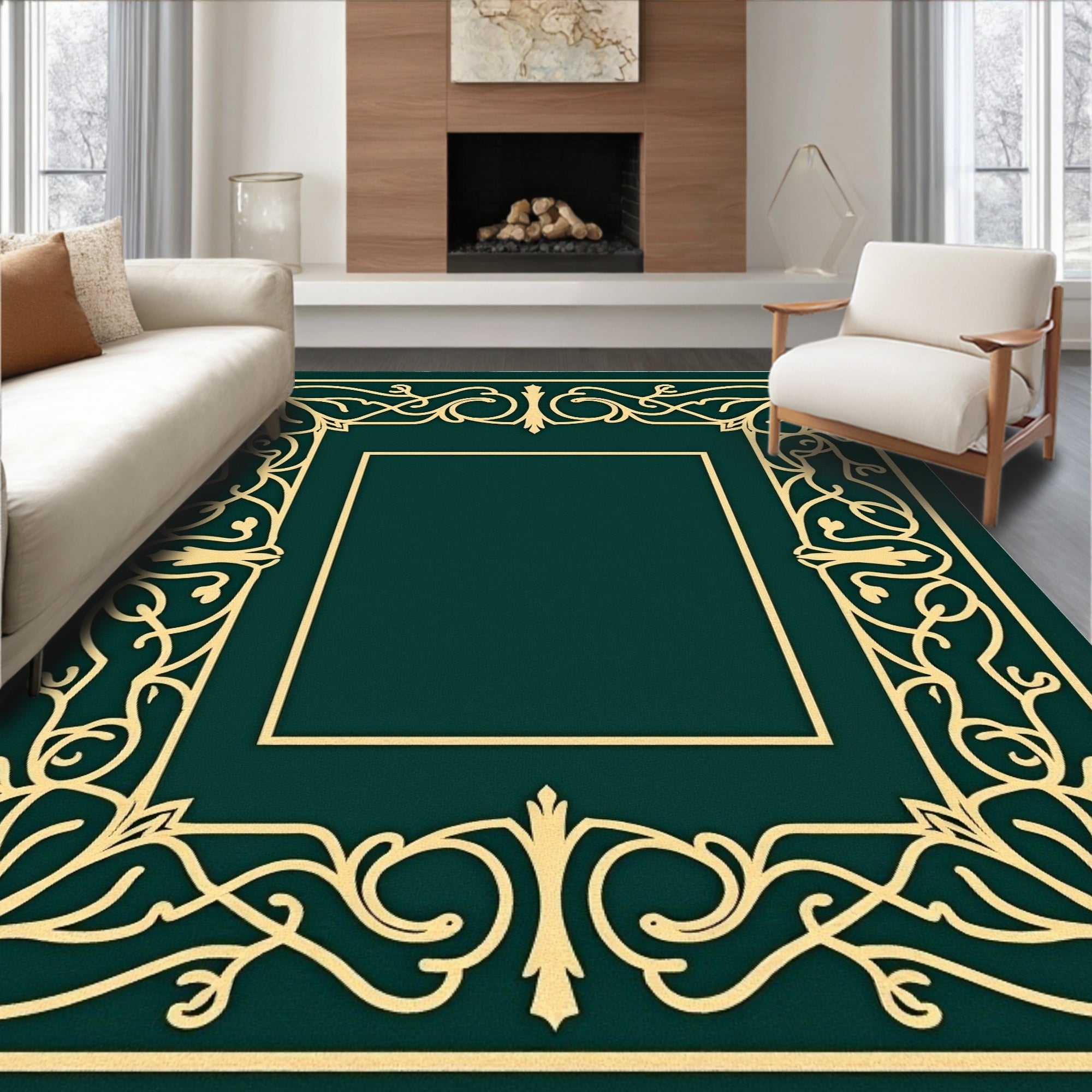 Emerald Gold Filigree Scroll Frame Rug