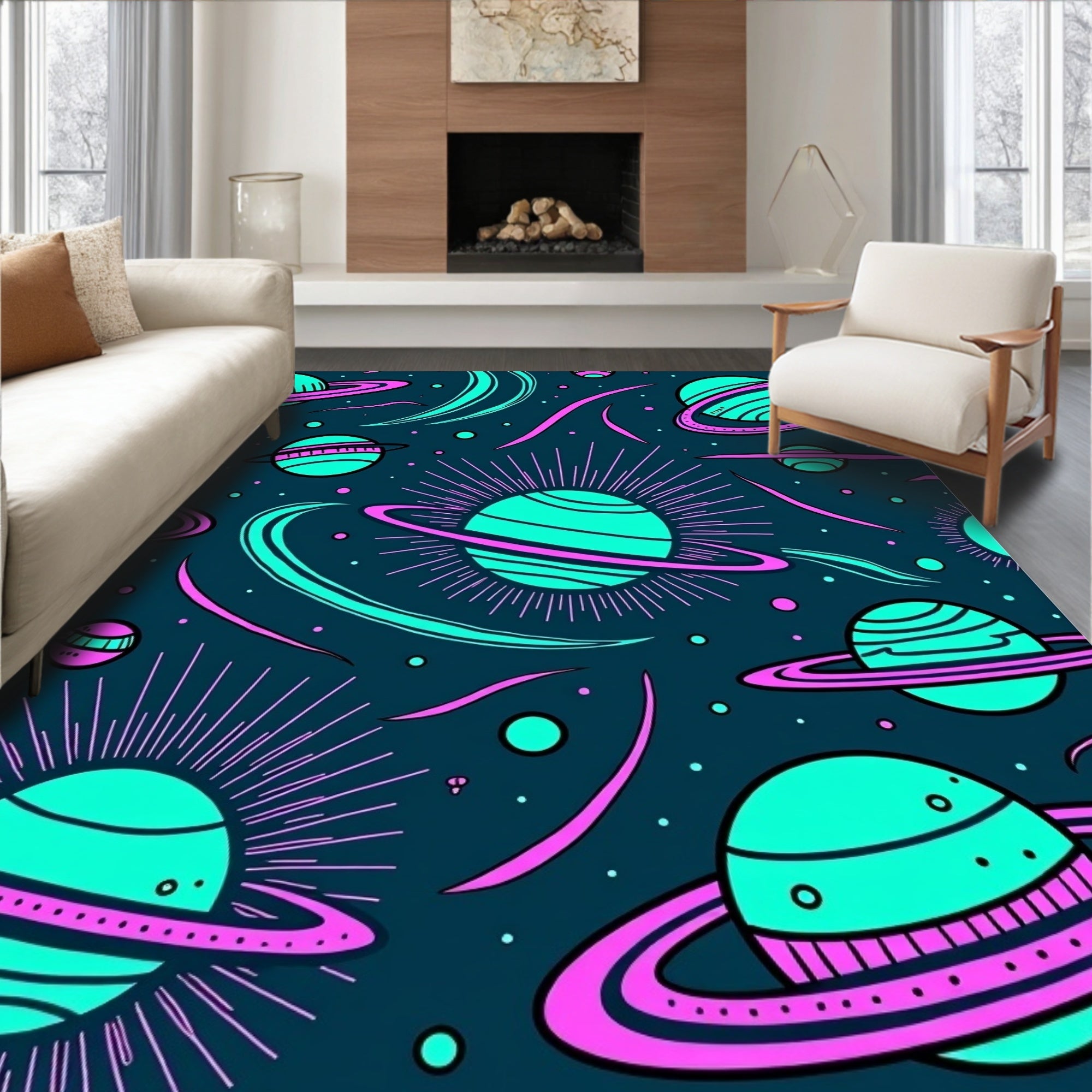 Cosmic Turquoise Pink Swirl Planets Rug