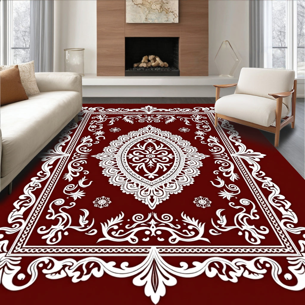 Deep Red White Ornate Medallion Area Rug