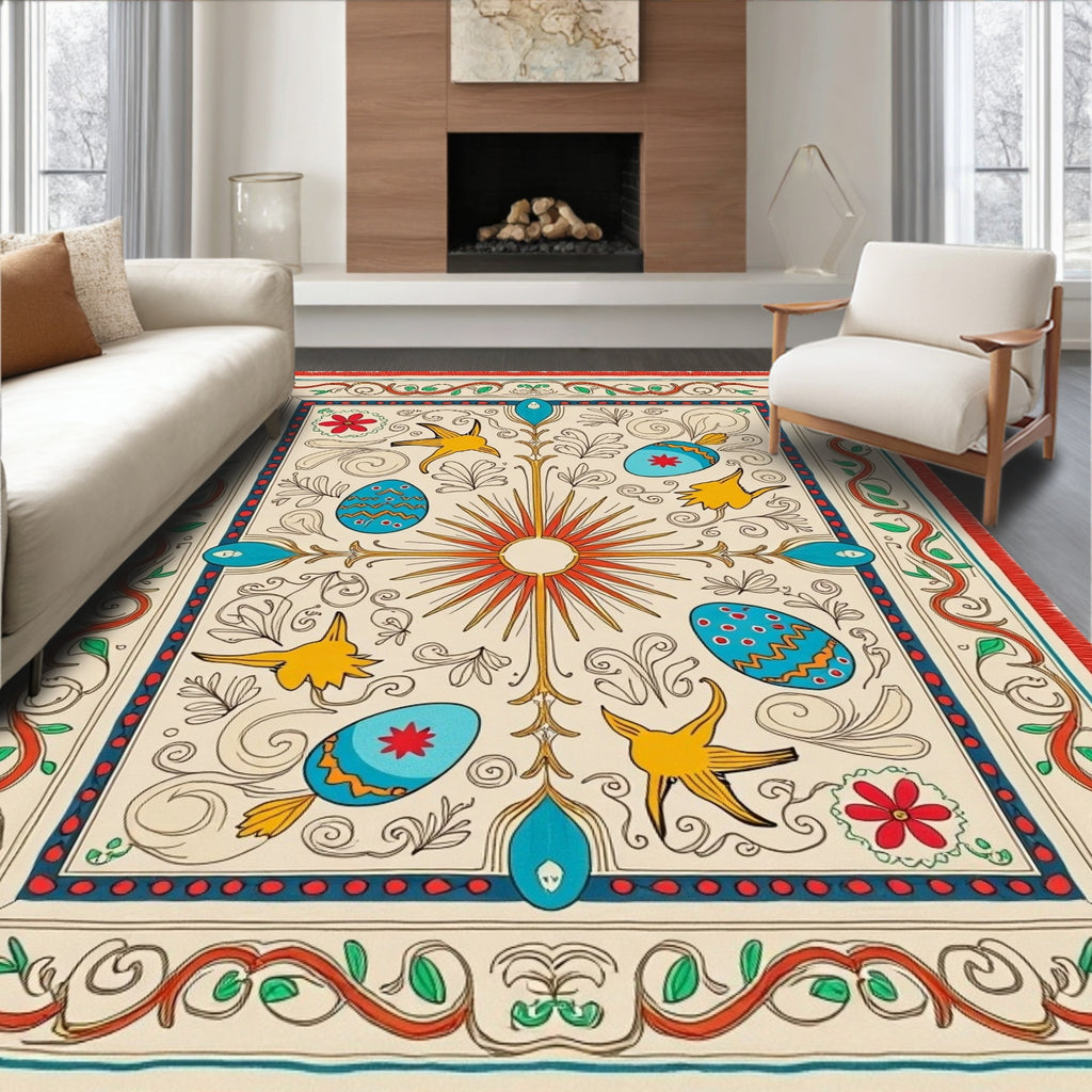 Eclectic Yellow Birds Easter Eggs Sunburst Rug