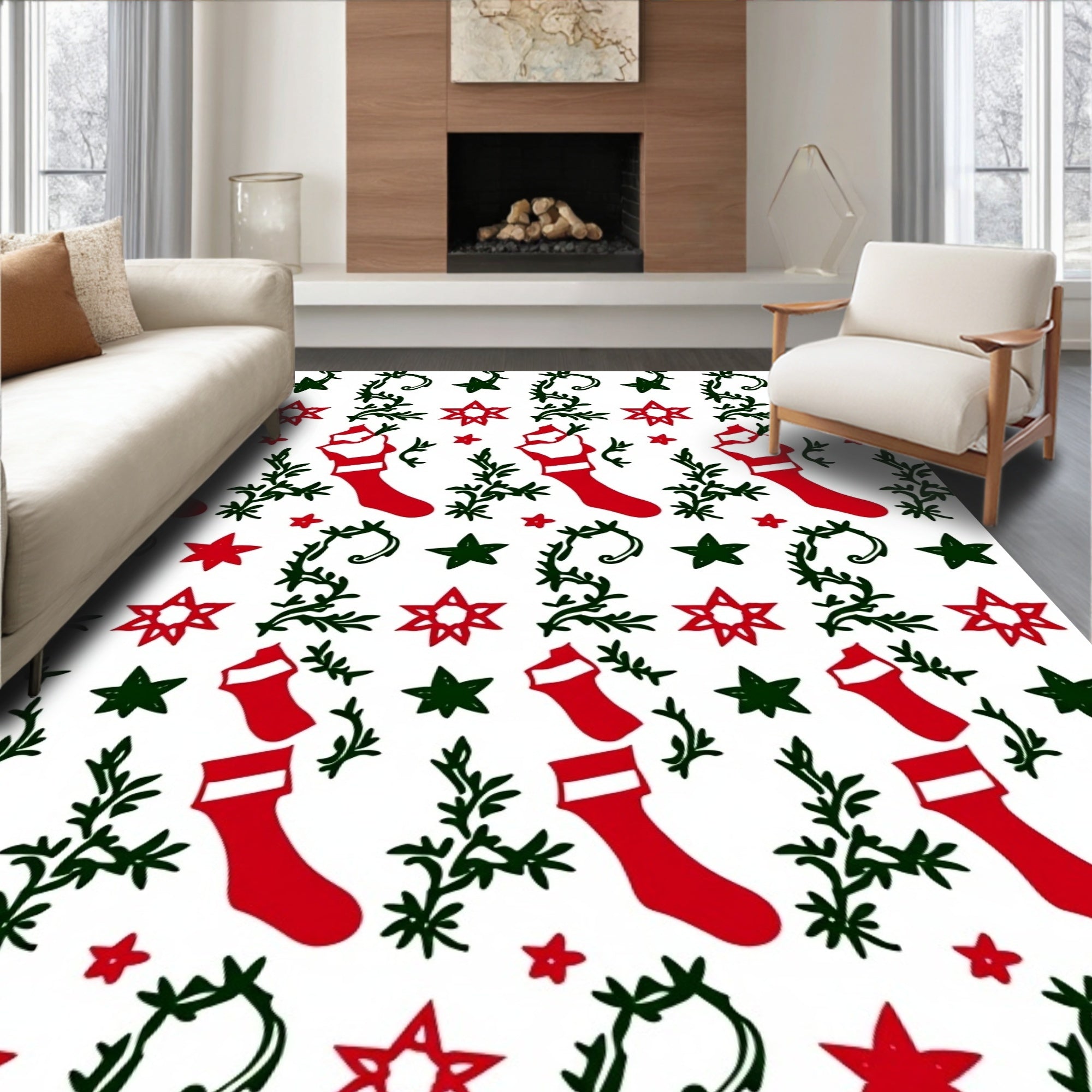 Red Green Christmas Stocking Star Garland Rug