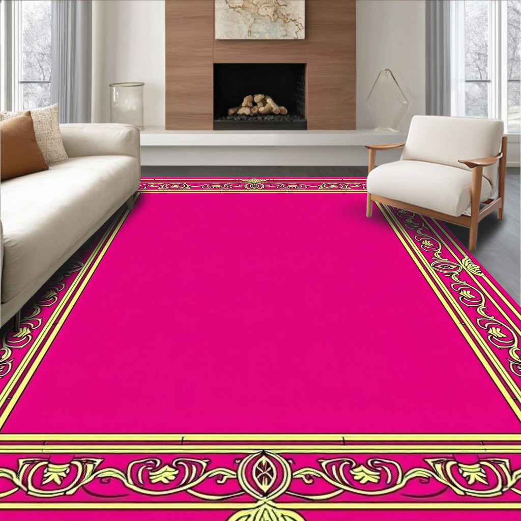 Vibrant Magenta Golden Floral Border Rug