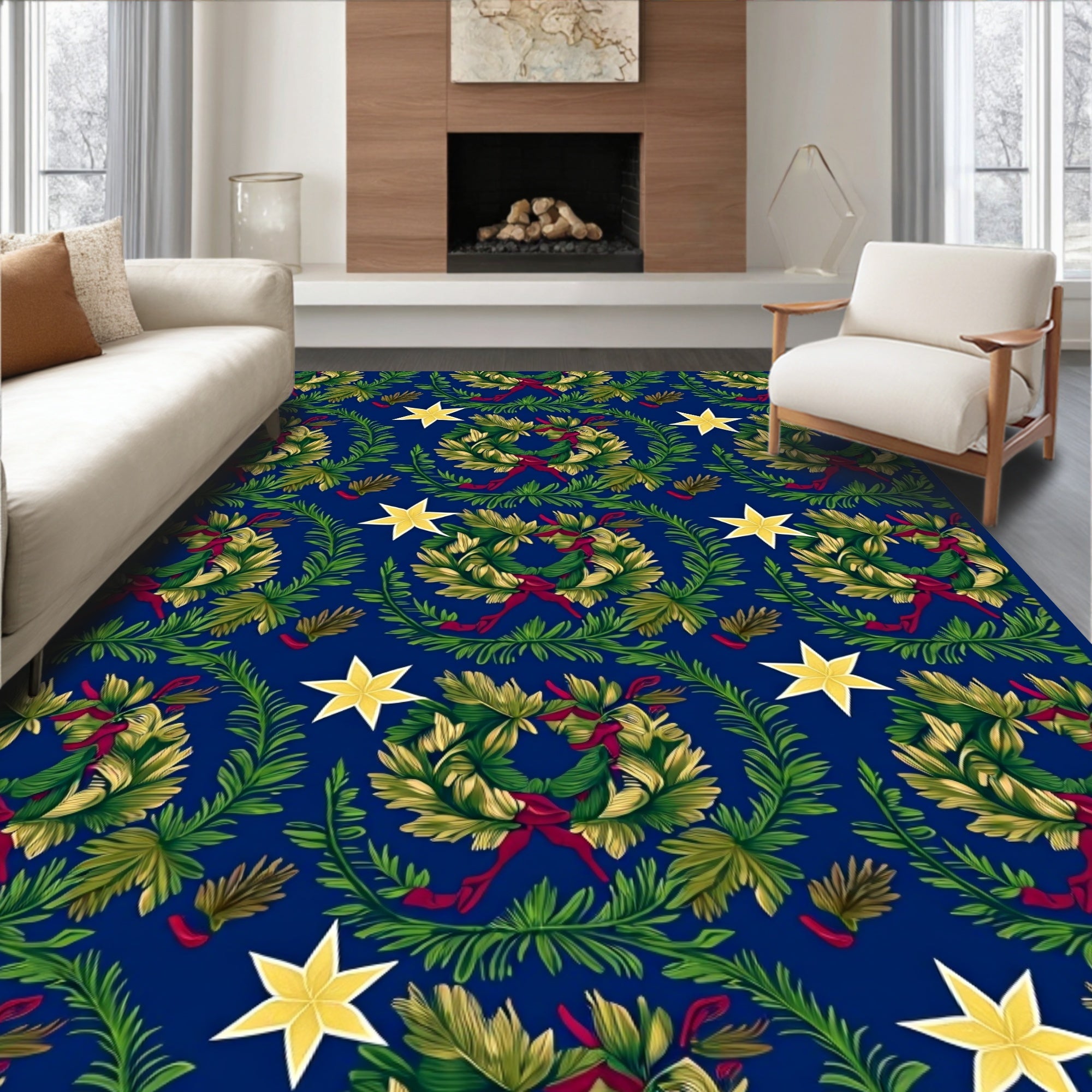 Navy Blue Wreath Star Garland Rug