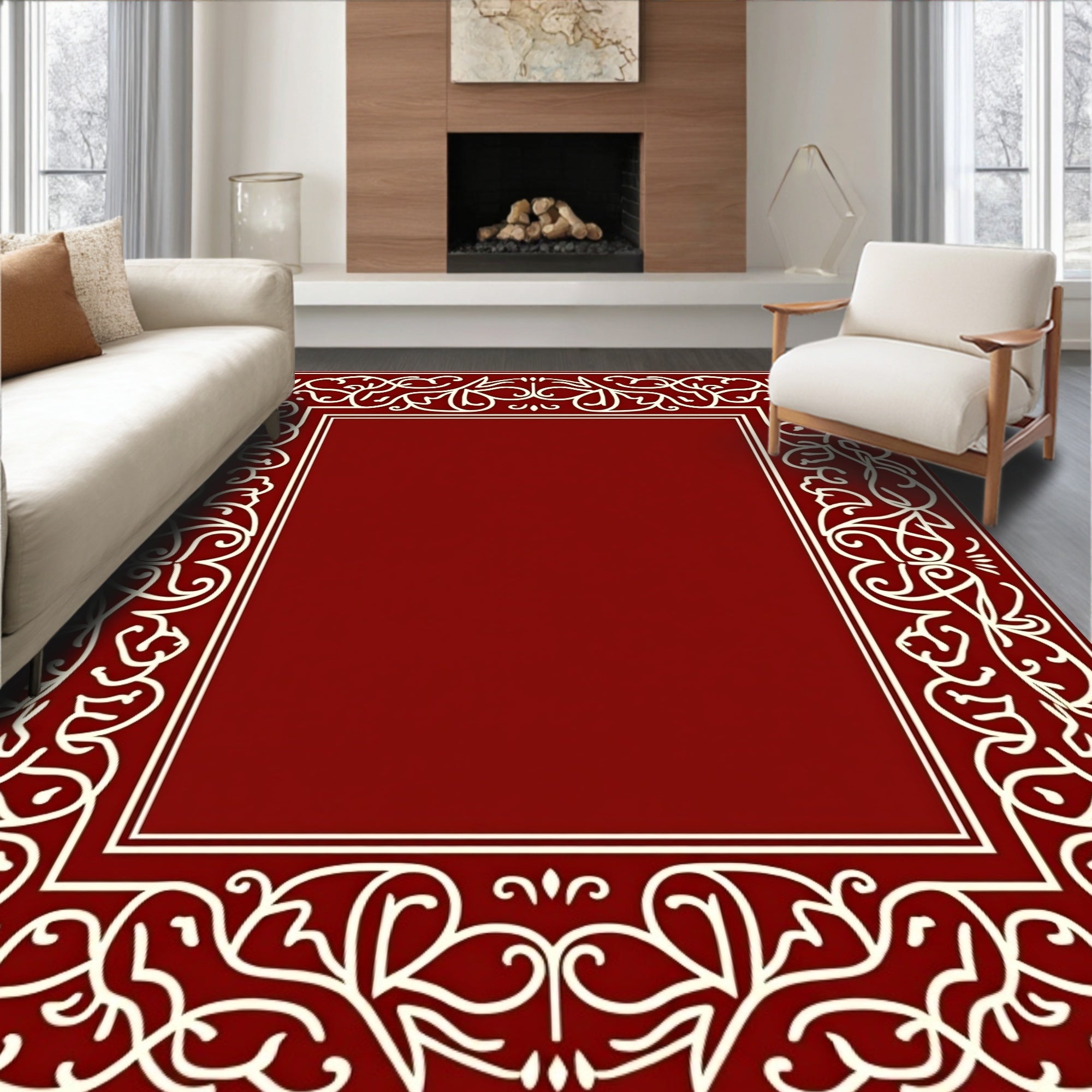 Crimson Ivory Swirling Floral Border Rug
