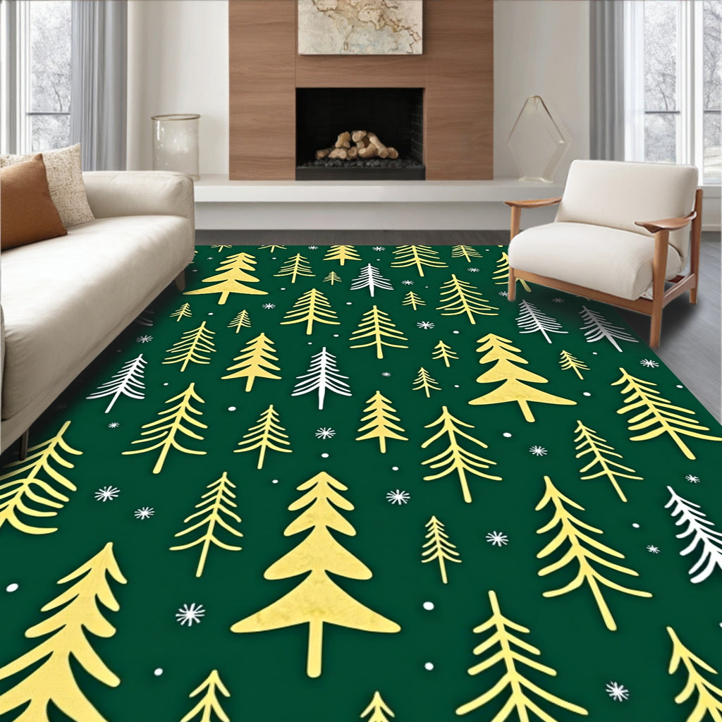 Gold White Evergreen Forest Pattern Rug