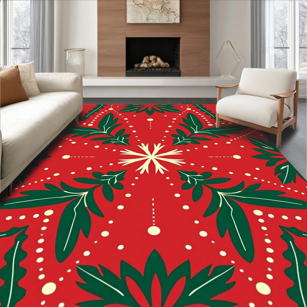 Festive Red Green Floral Snowflakes Rug