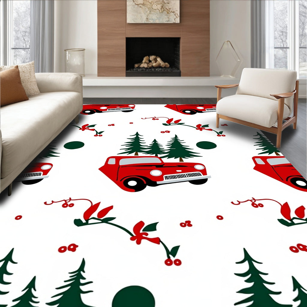 Red Rustic Christmas Truck Pines Rug