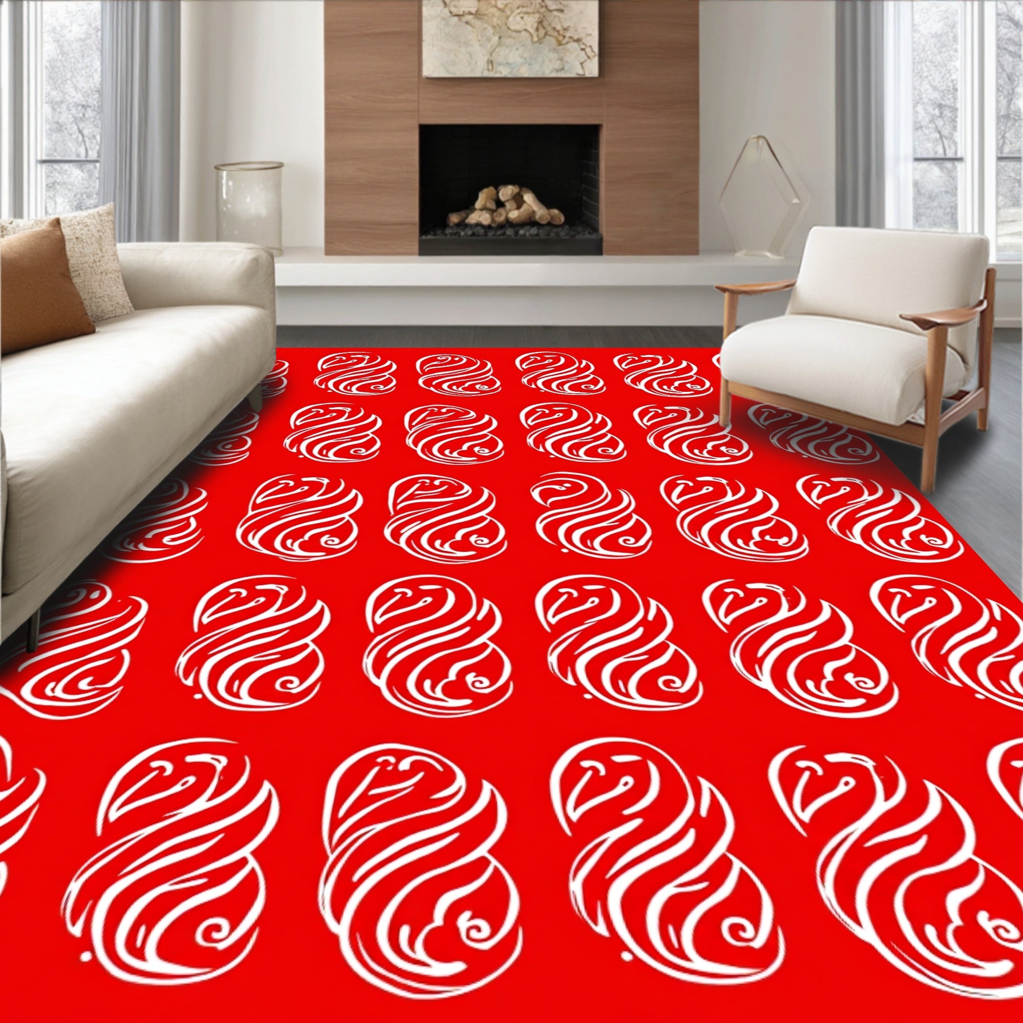 Crimson white swirling flame medallion Rug