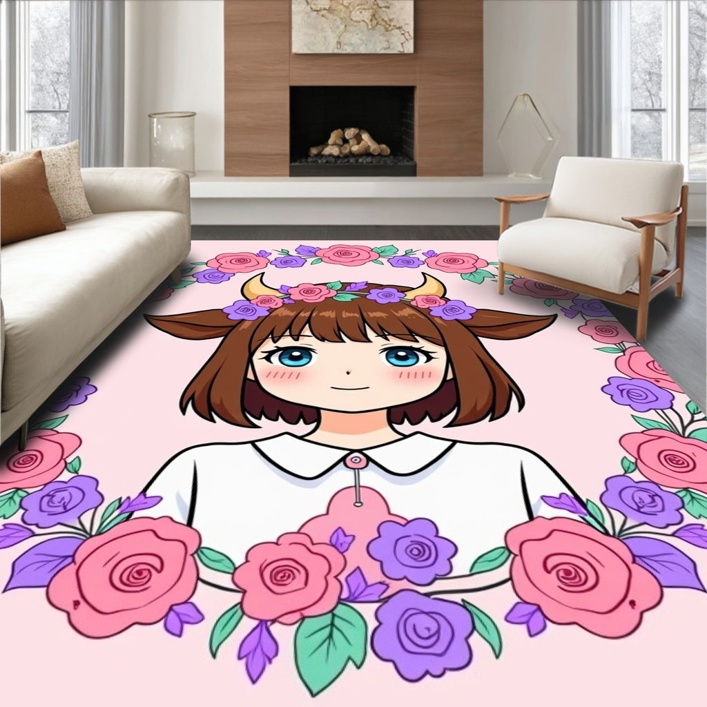 Anime Girl Pink Purple Floral Wreath Rug