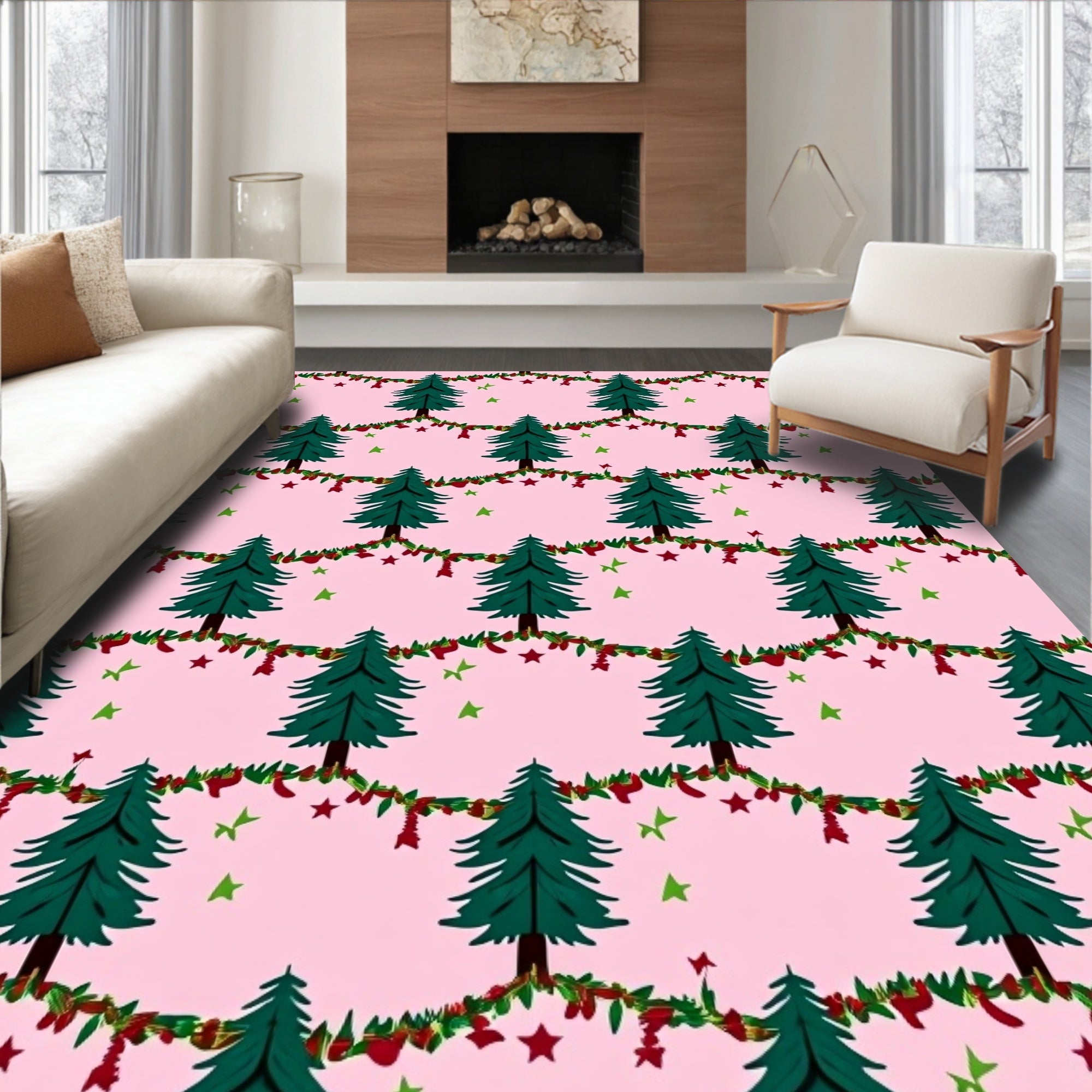 Pink Festive Christmas Tree Garland Rug
