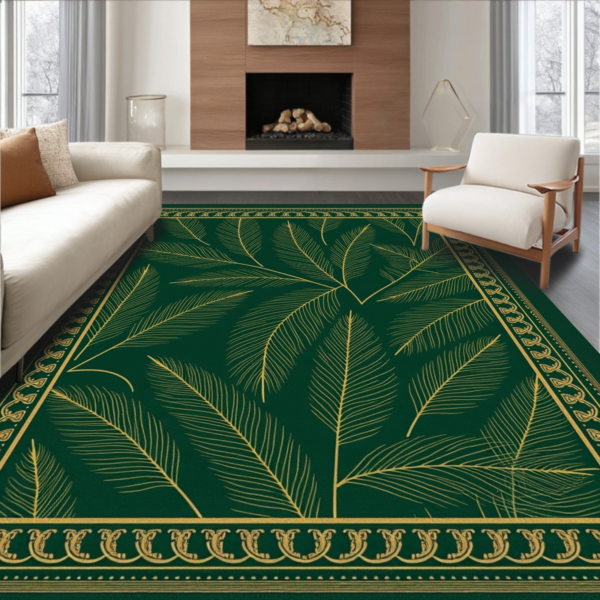 Emerald Feather Outline Border Rug