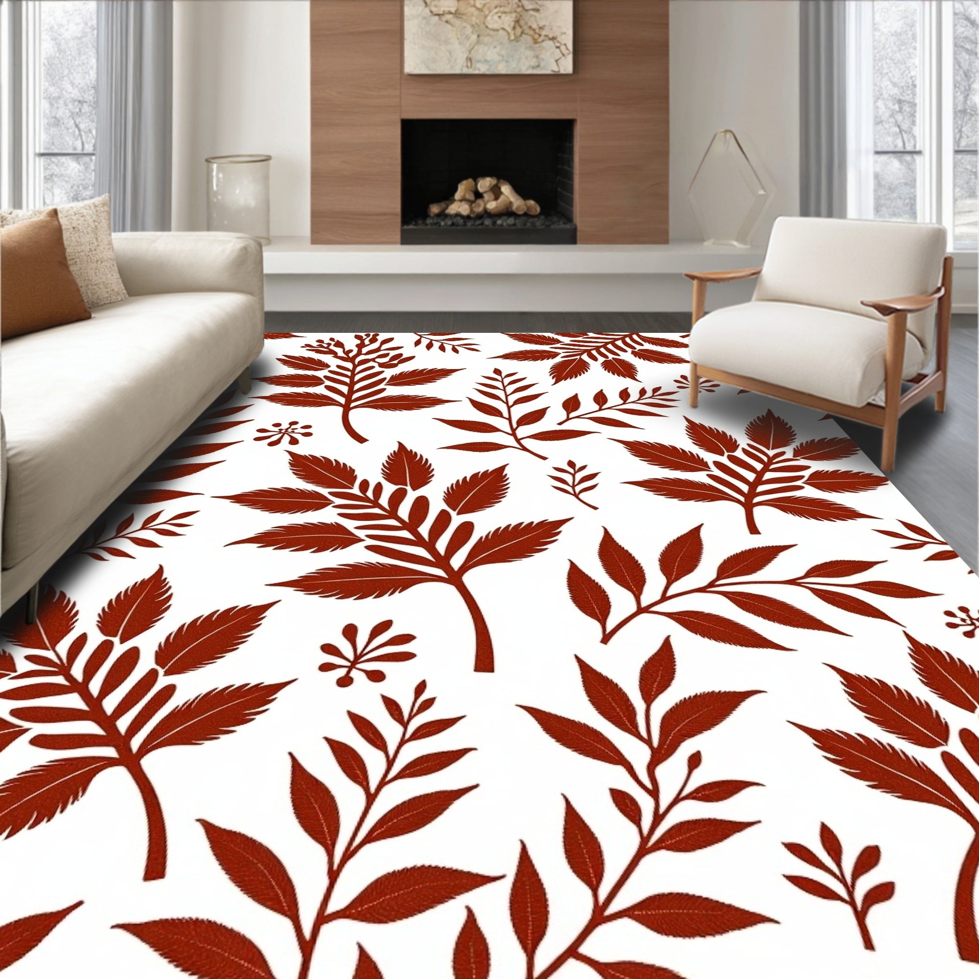 Terracotta Leaf Branch Repeating Pattern Rug