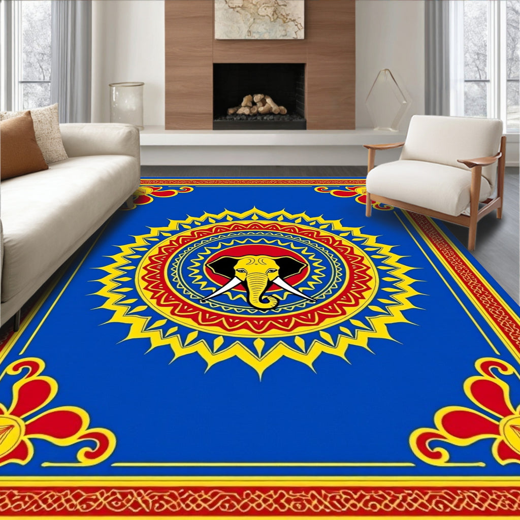 Bold Blue Yellow Red Elephant Mandala Rug