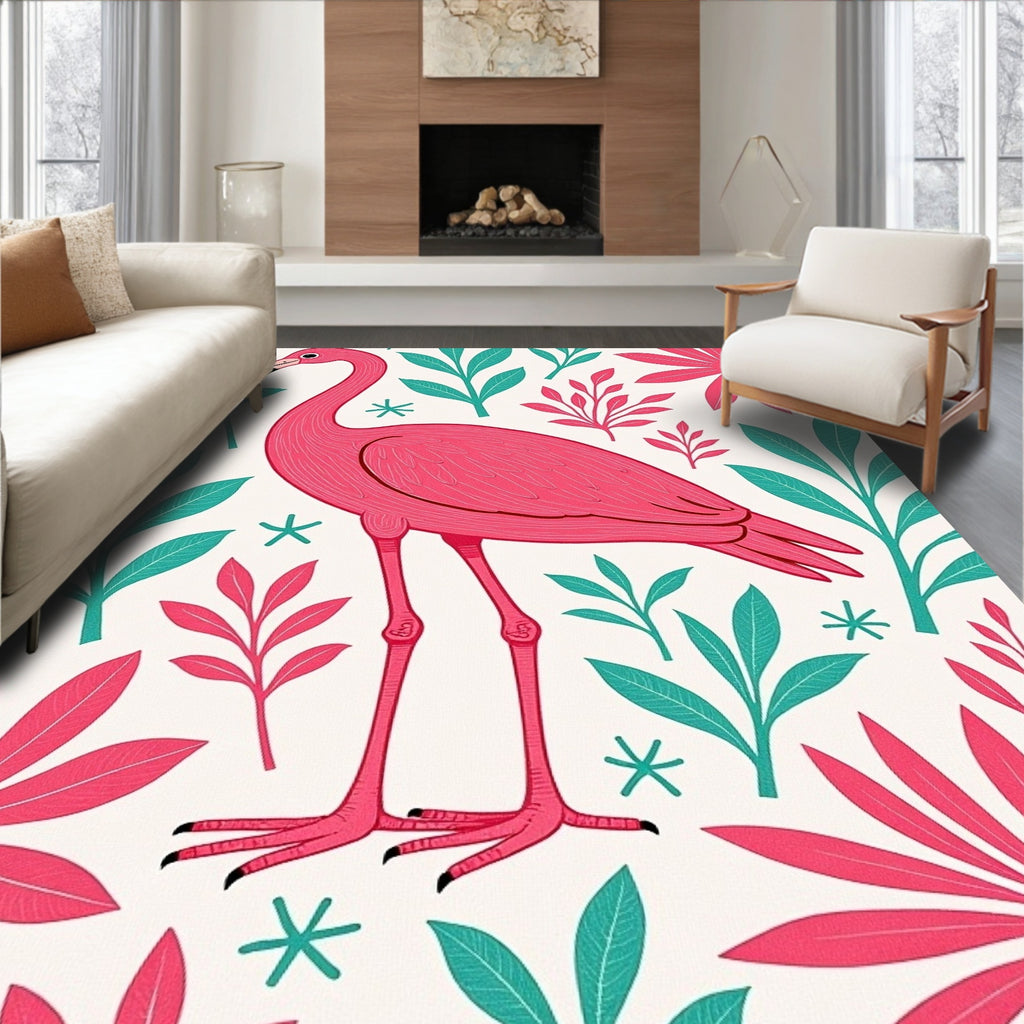 Pink Flamingo Tropical Leaf Collage Rug