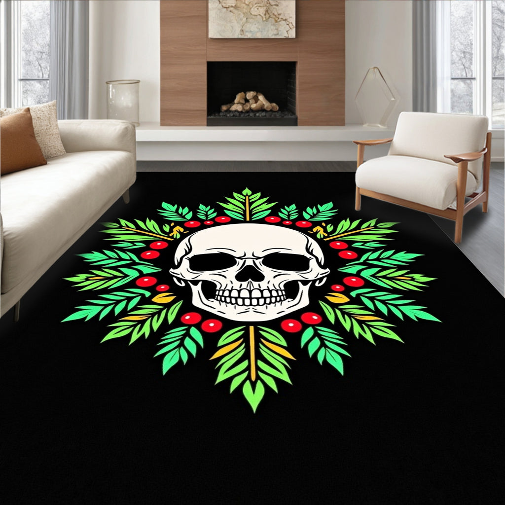 White Skull Green Leaf Berry Wreath Rug