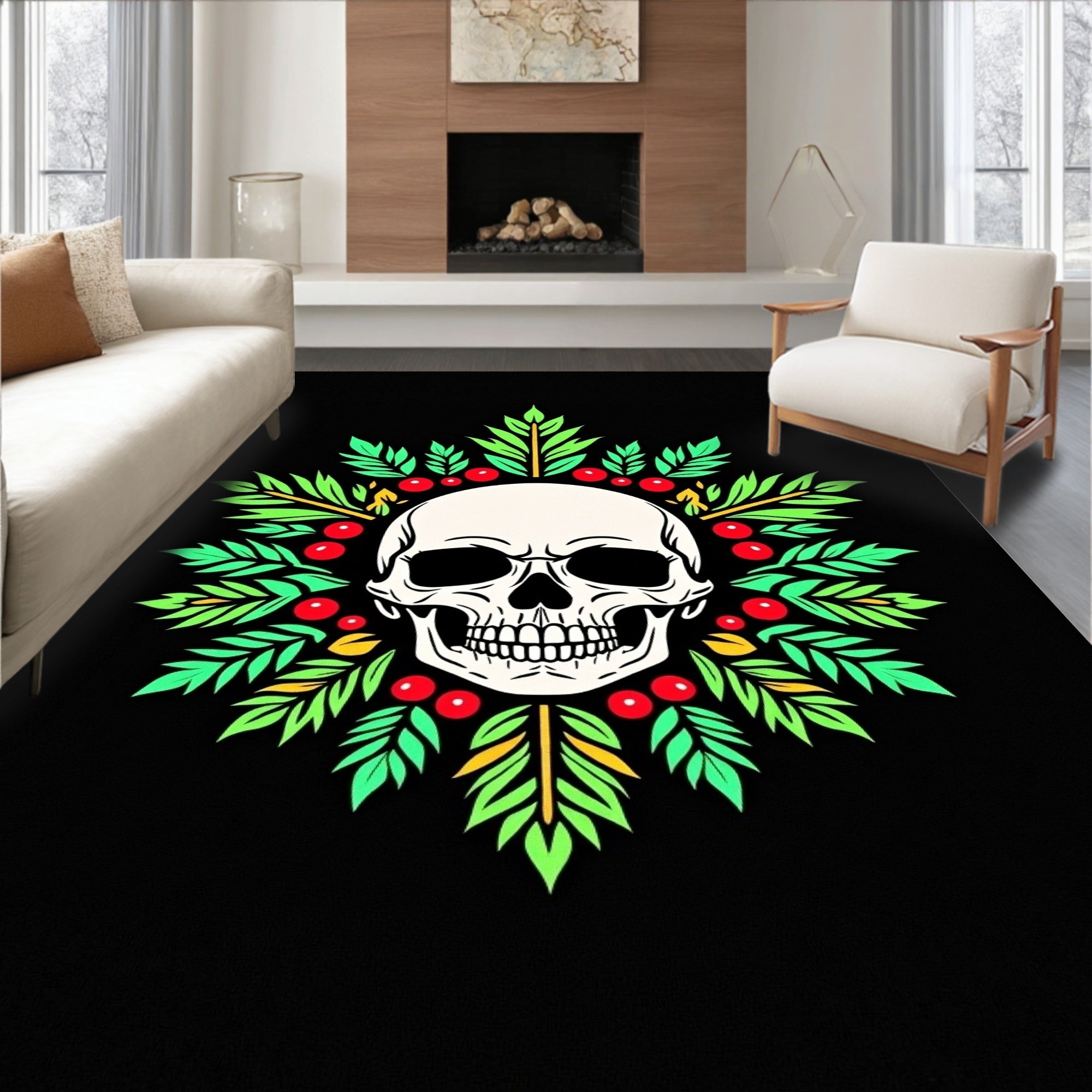 White Skull Green Leaf Berry Wreath Rug