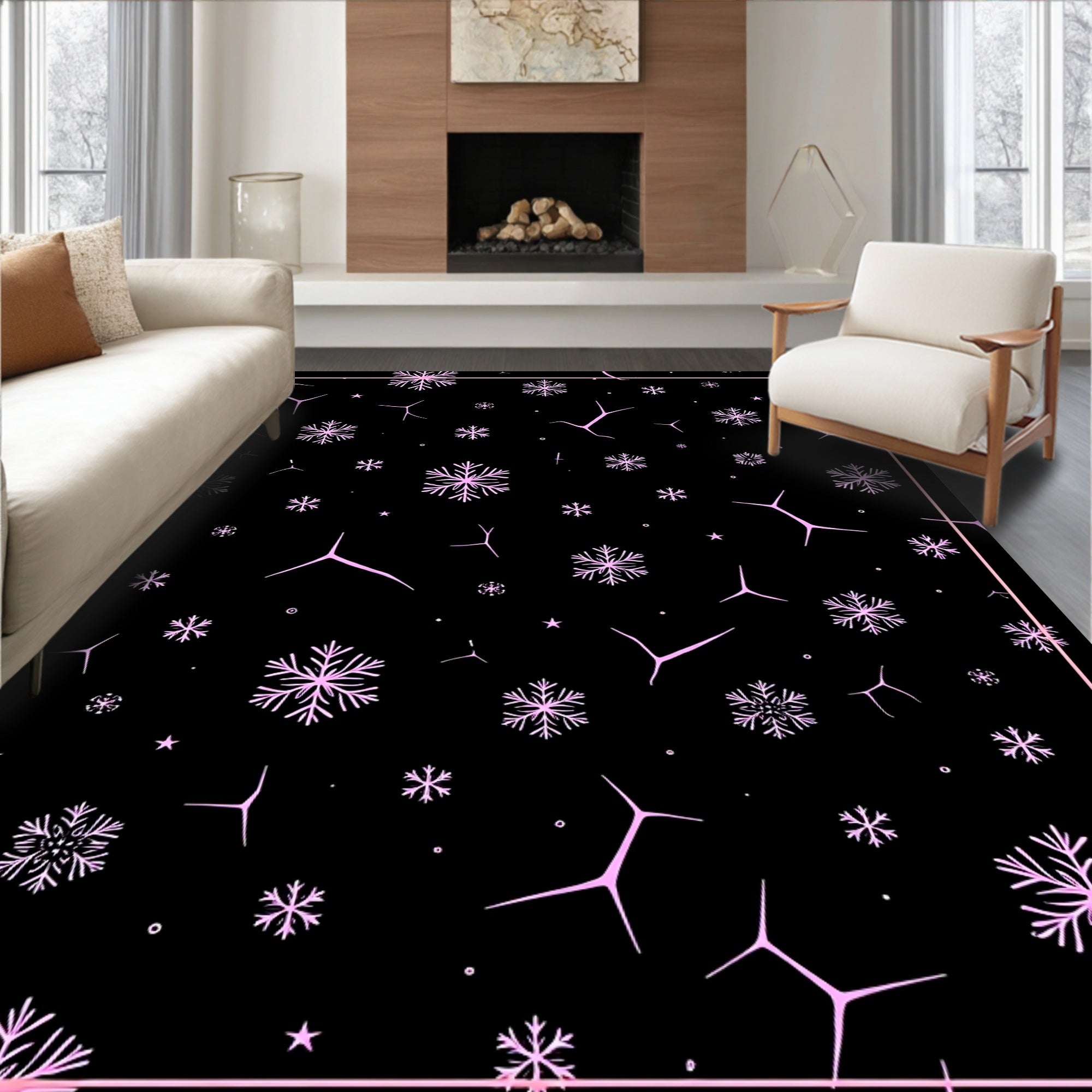 Pink Snowflake Starry Night Rug