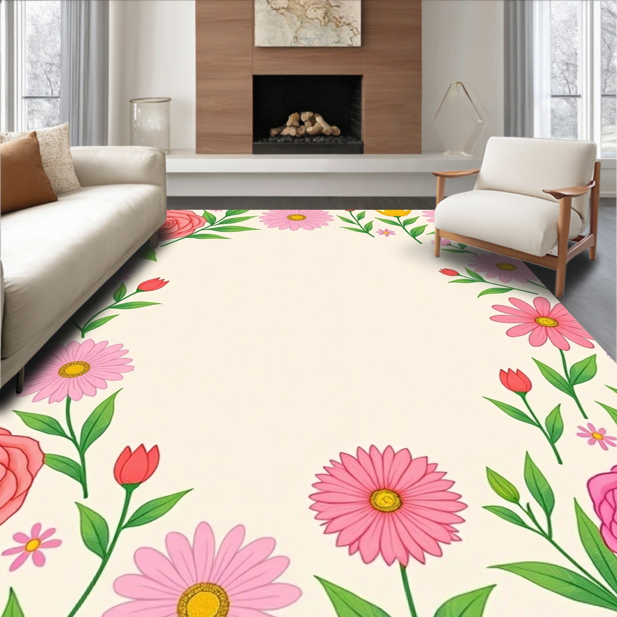 Coral Rose Pink Daisy Garland Rug