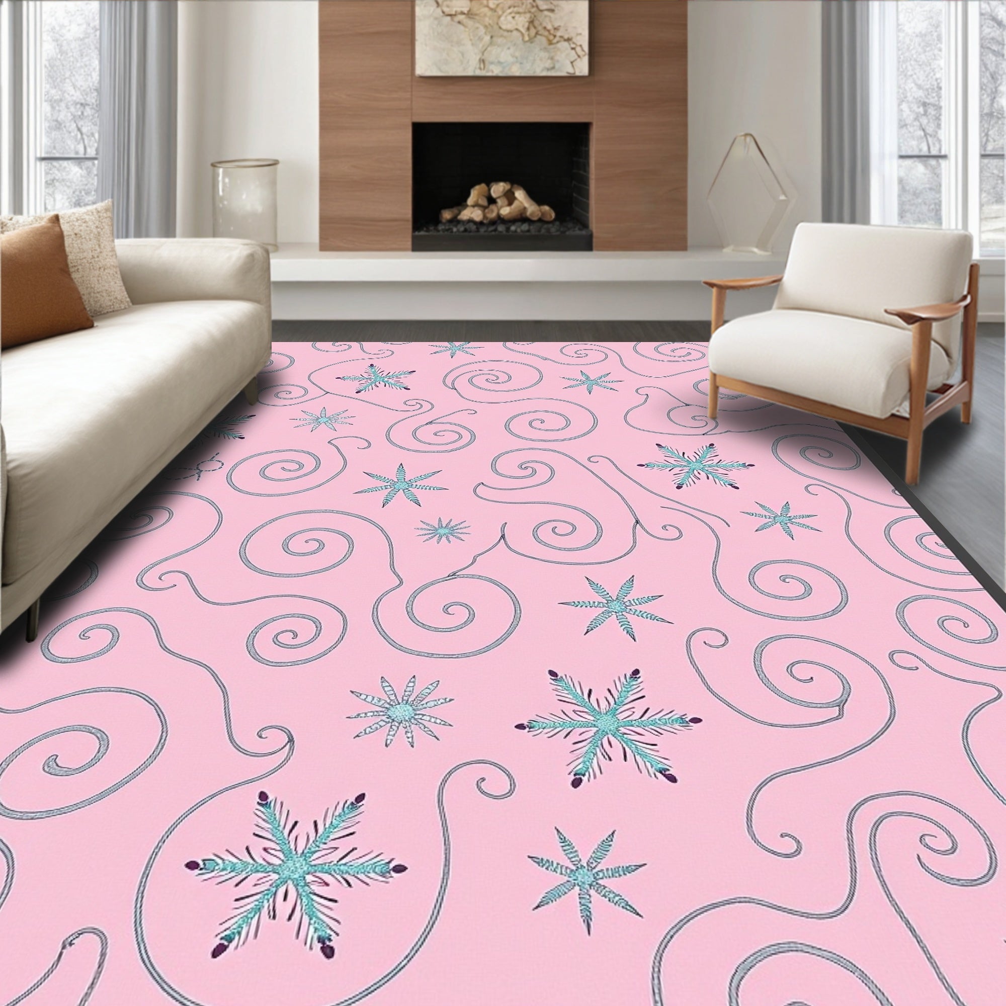 Pink Snowflake Swirls Snowfall Rug