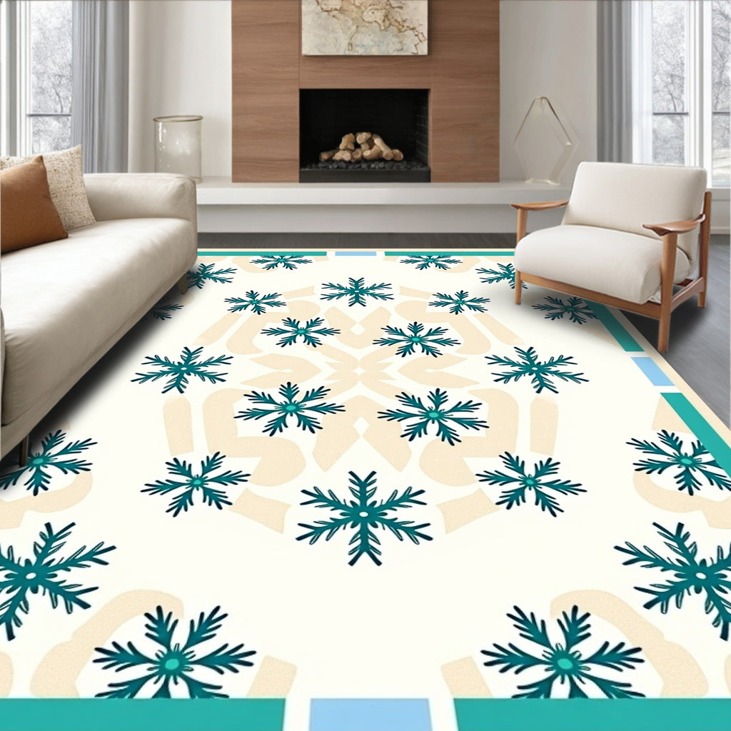 Teal Snowflake Medallion Cream Border Rug