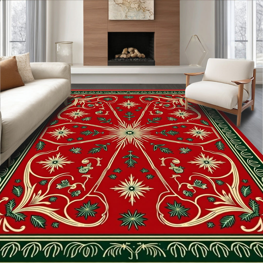 Crimson Green Ivory Floral Sunburst Rug