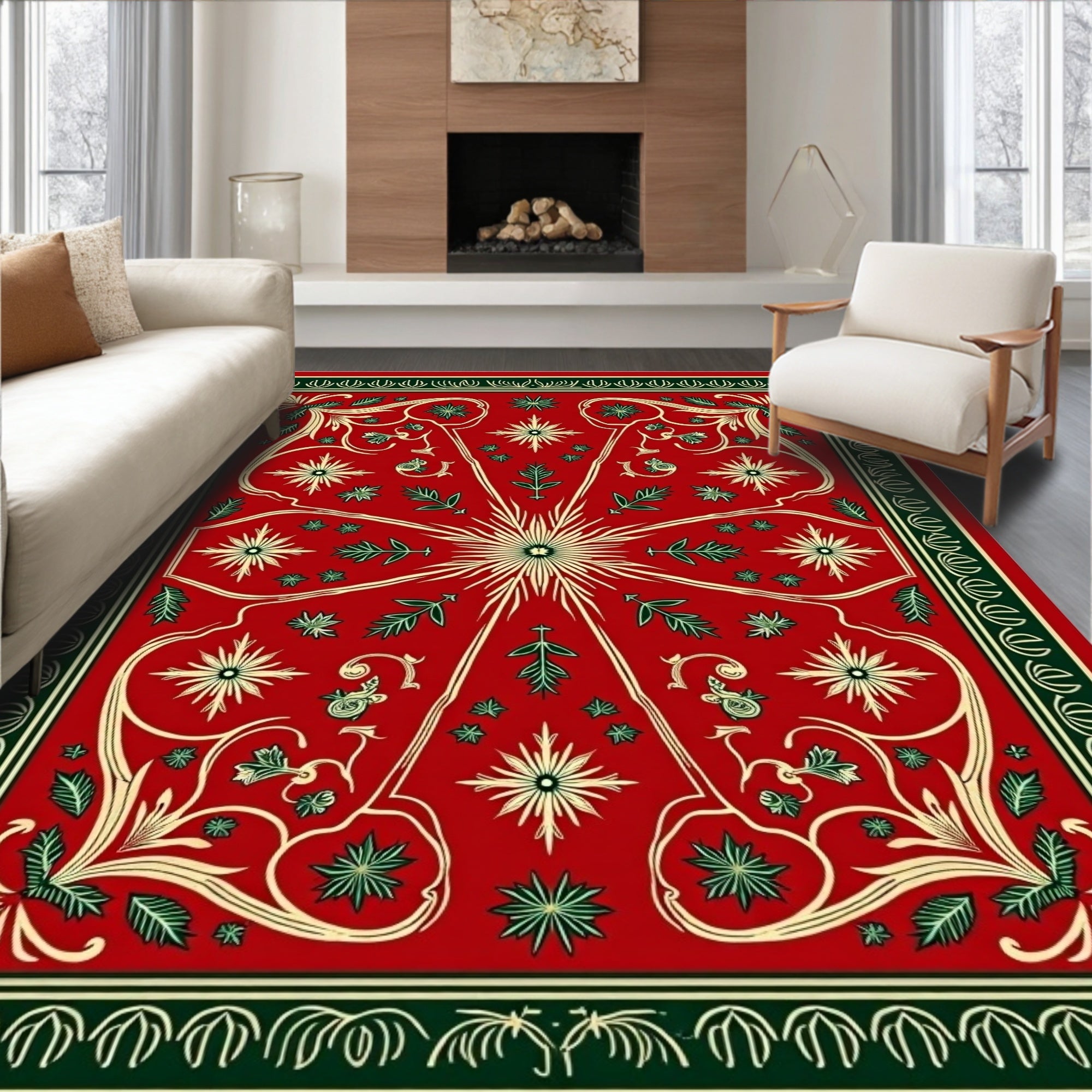 Crimson Green Ivory Floral Sunburst Rug