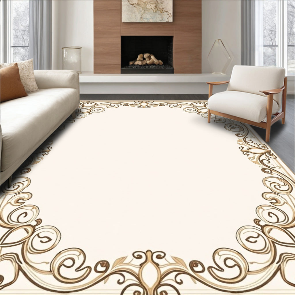 Cream and Brown Scrollwork Border Rug