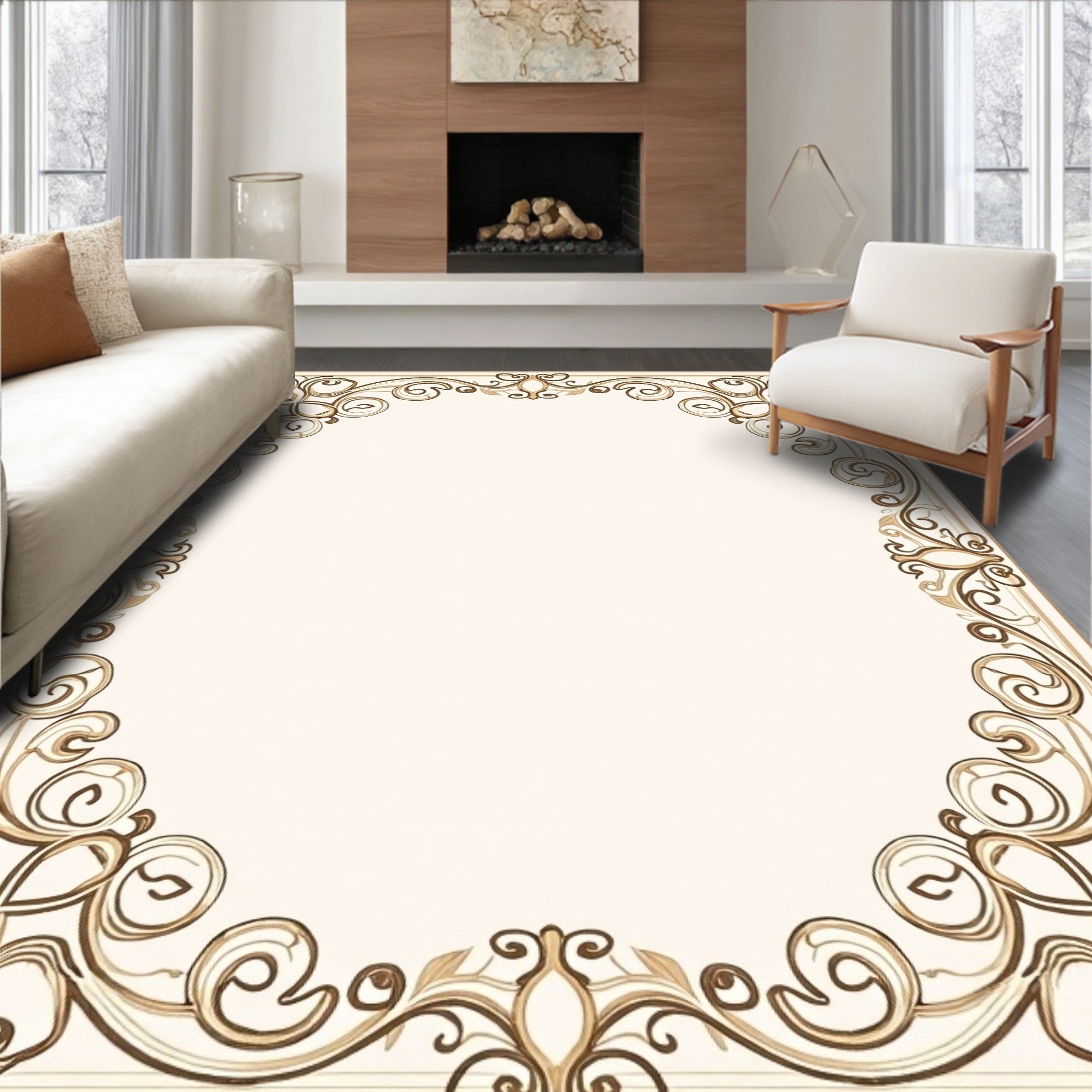 Cream and Brown Scrollwork Border Rug