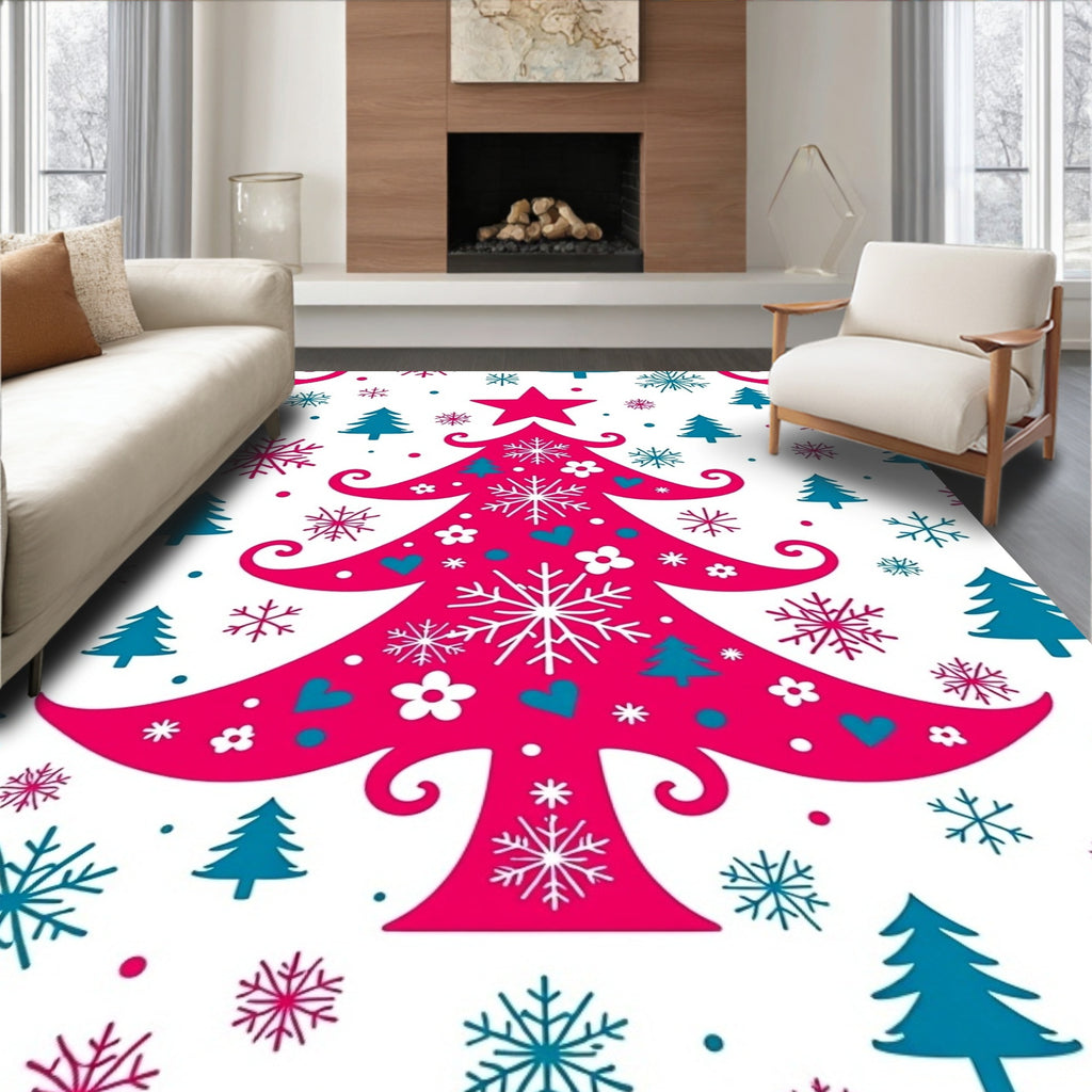 Crimson Fuchsia Snowflake Christmas Tree Rug