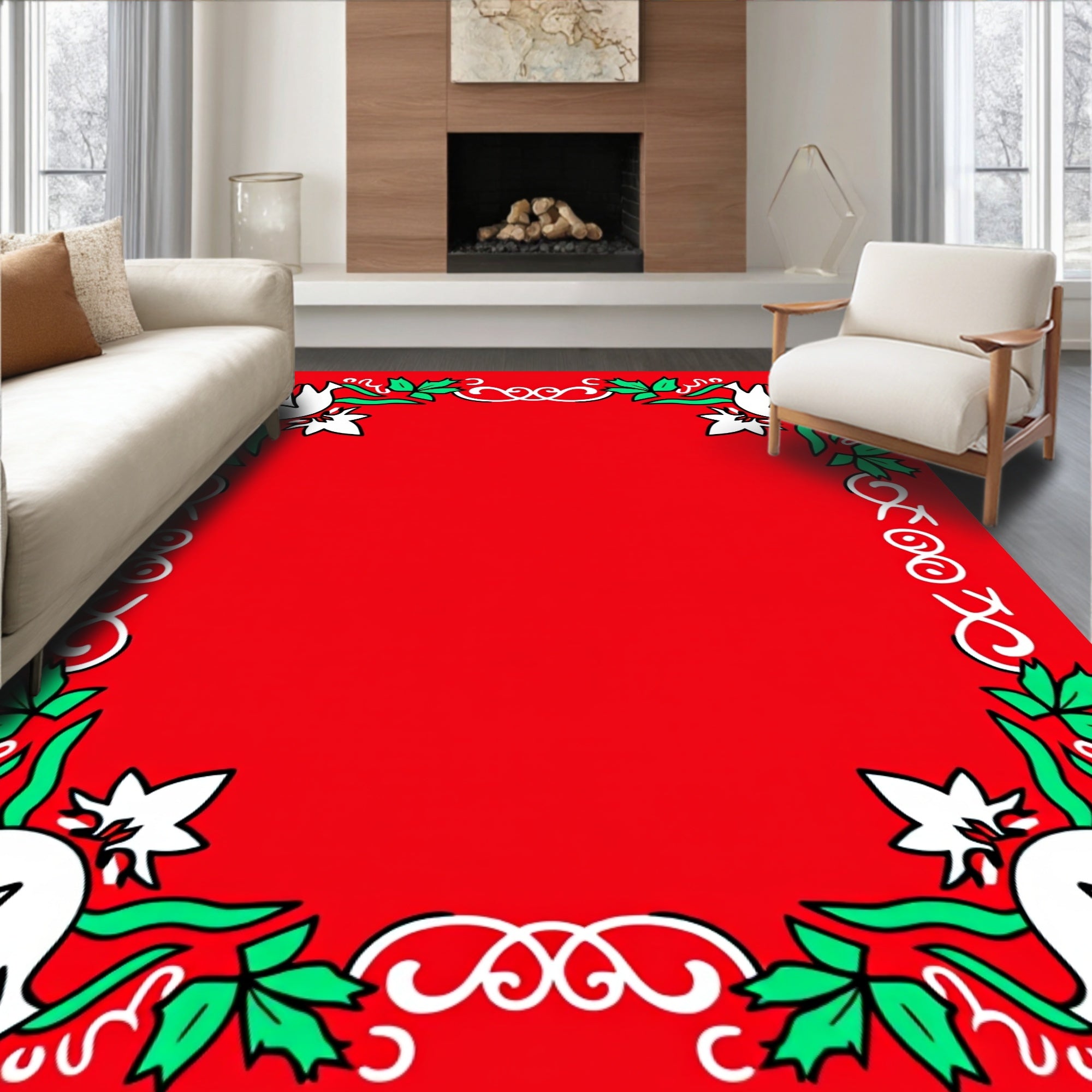 Red White Dove Holly Garland Ornament Rug