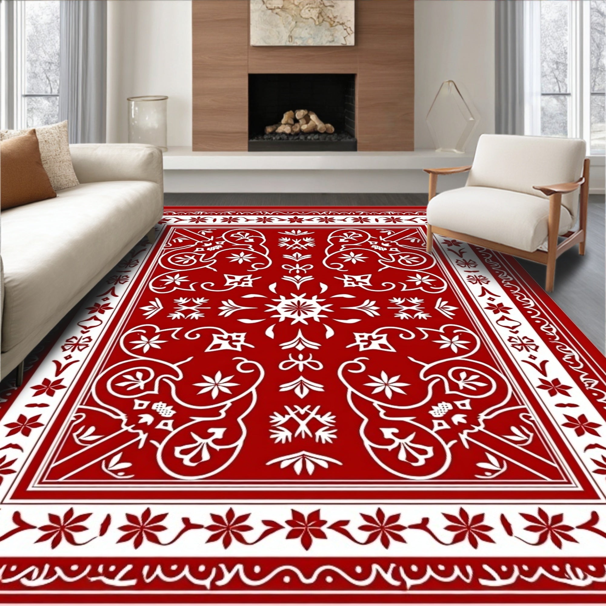Crimson Red White Floral Medallion Rug