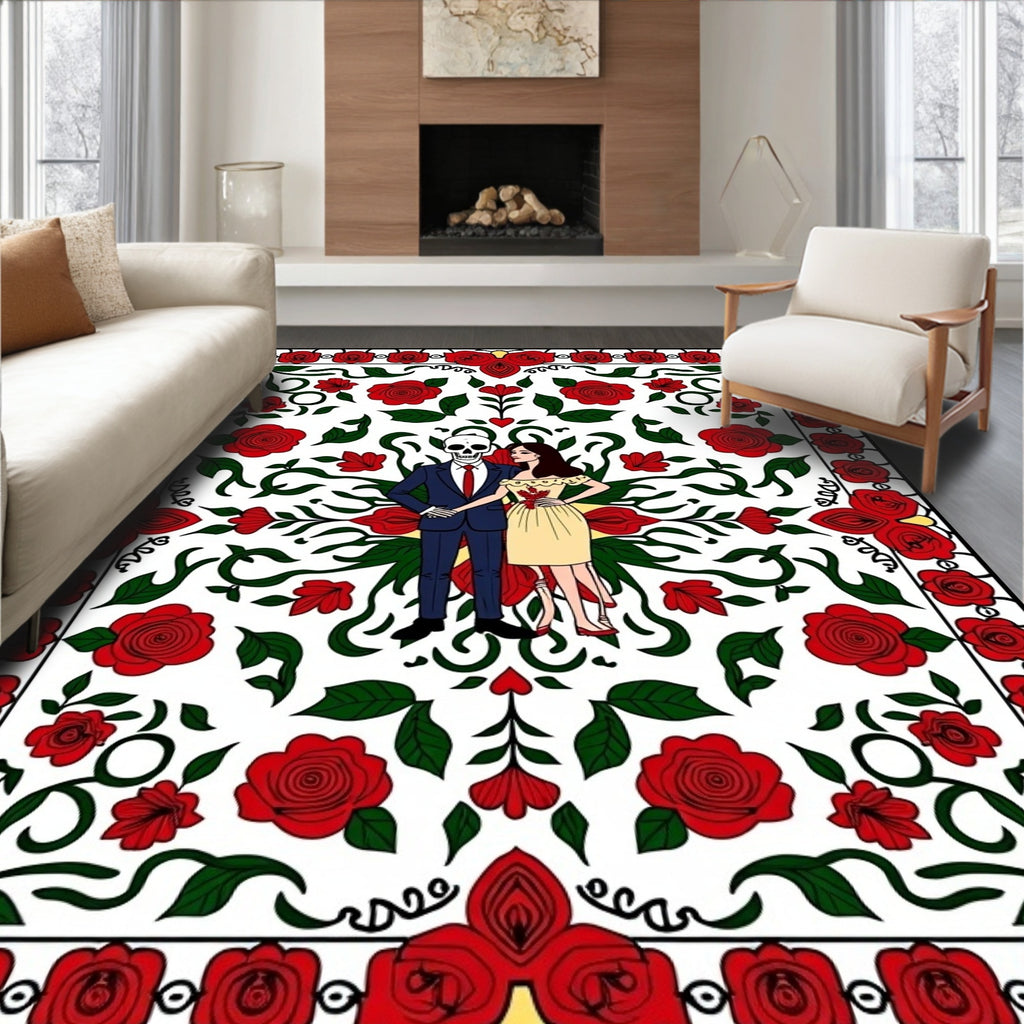 Crimson Rose Skull Couple Floral Border Rug