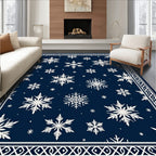 Midnight Blue Snowflakes Border Rug