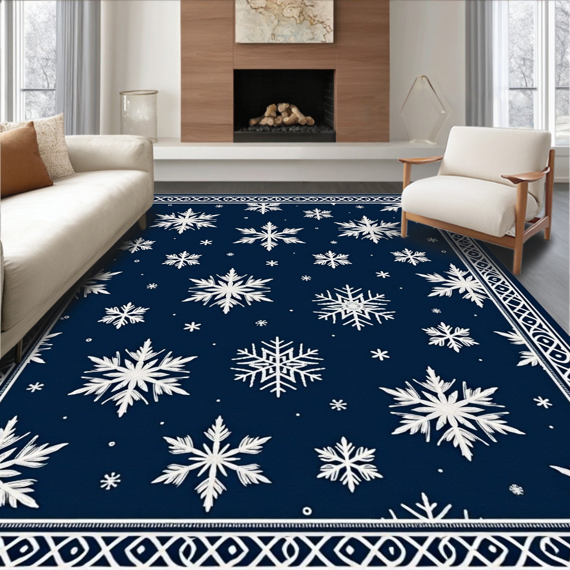 Midnight Blue Snowflakes Border Rug